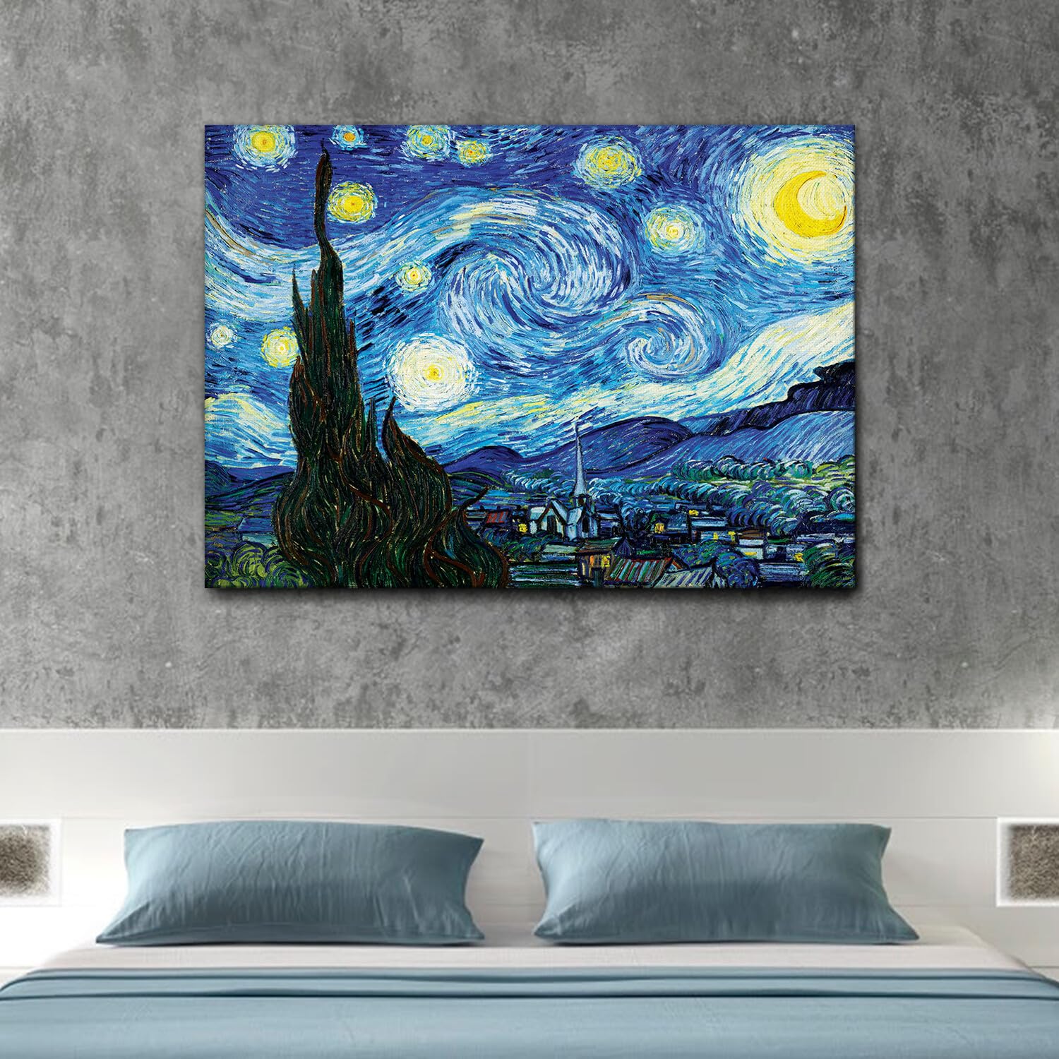 Giallobus - Cuadro - Vincent Van Gogh - Noche estrellada - Lienzo con marco estándar - 140x100 - Listo para colgar - Cuadros modernos para el hogar