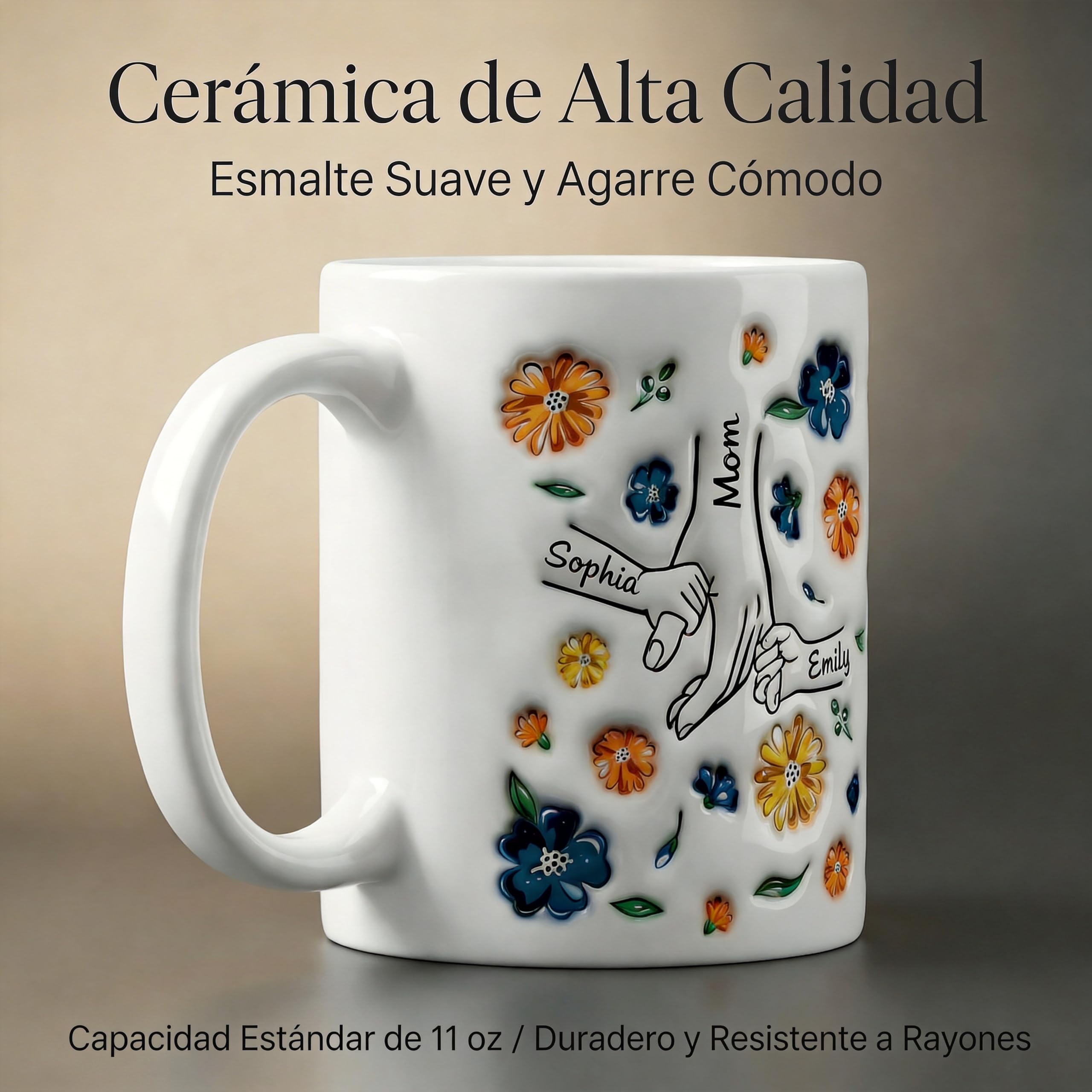 SOUFEEL Taza de abuela personalizada con nieto, abuela, mamá y nietos, flores a mano en mano, regalos personalizados para mamá y abuela, Patrón 3D taza de café, regalo del día de la madre — view 4