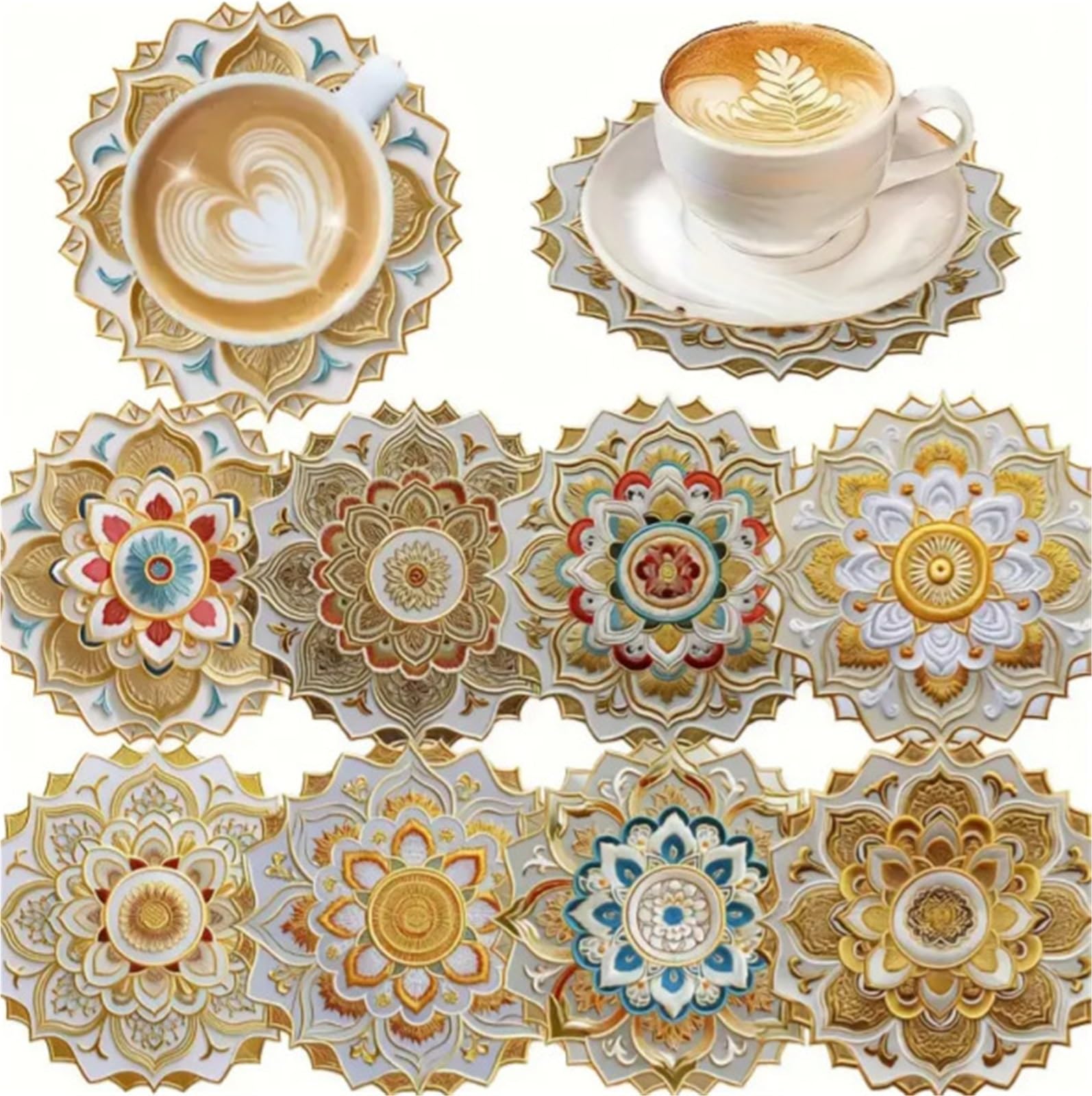 Wooden Round Coasters 8Pcs Mandala Flower Wooden Coasters