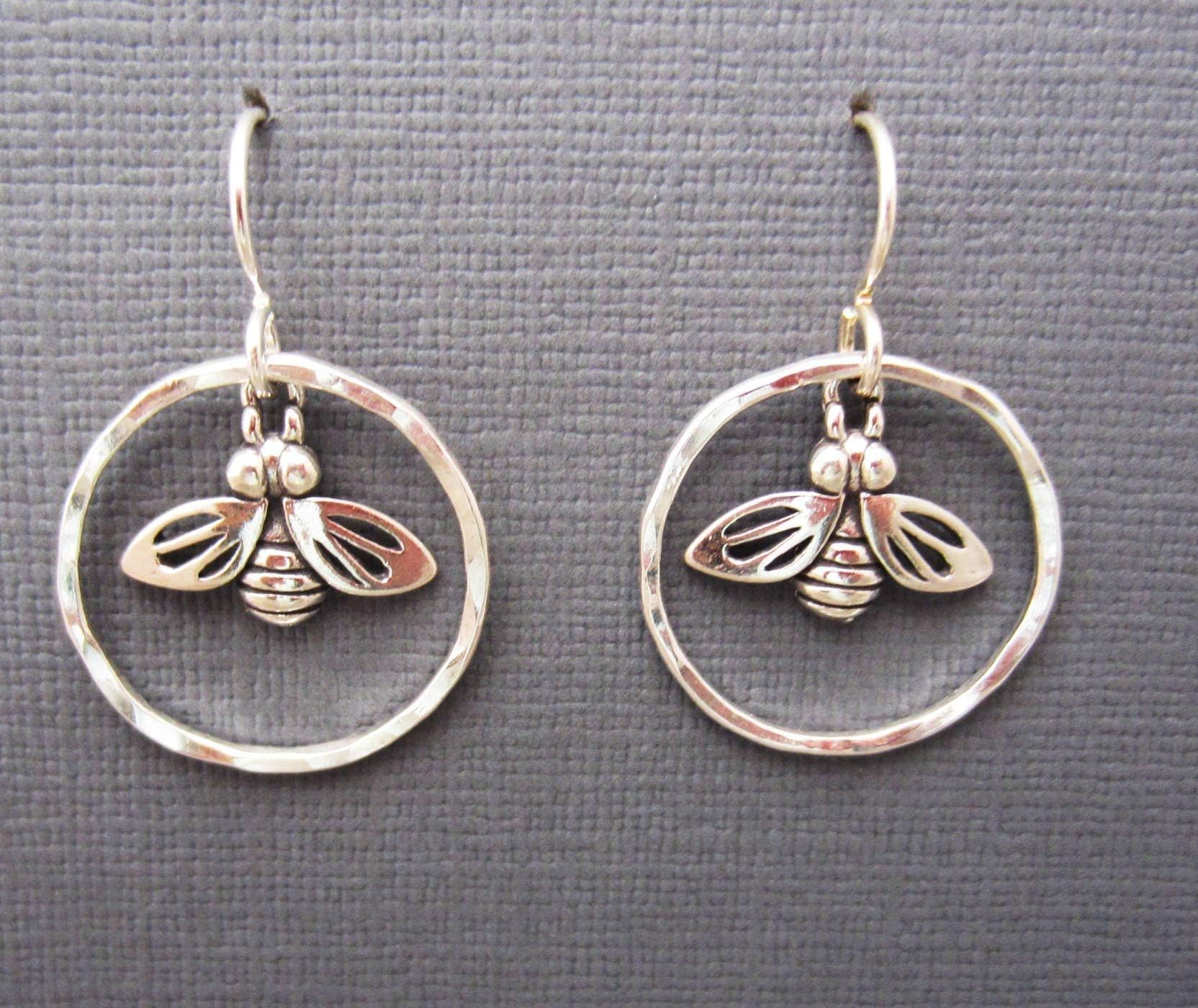 Hand fabricated Argentium Sterling hammered silver hoops .925 bee charm dangle earrings