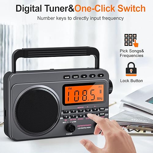 Miniatura 5 de Radio portátil con la mejor recepción, radio digital recargable de 4000 mAh AM FM portátil con tarjeta SDreproducción USB, sintonizador digital,
