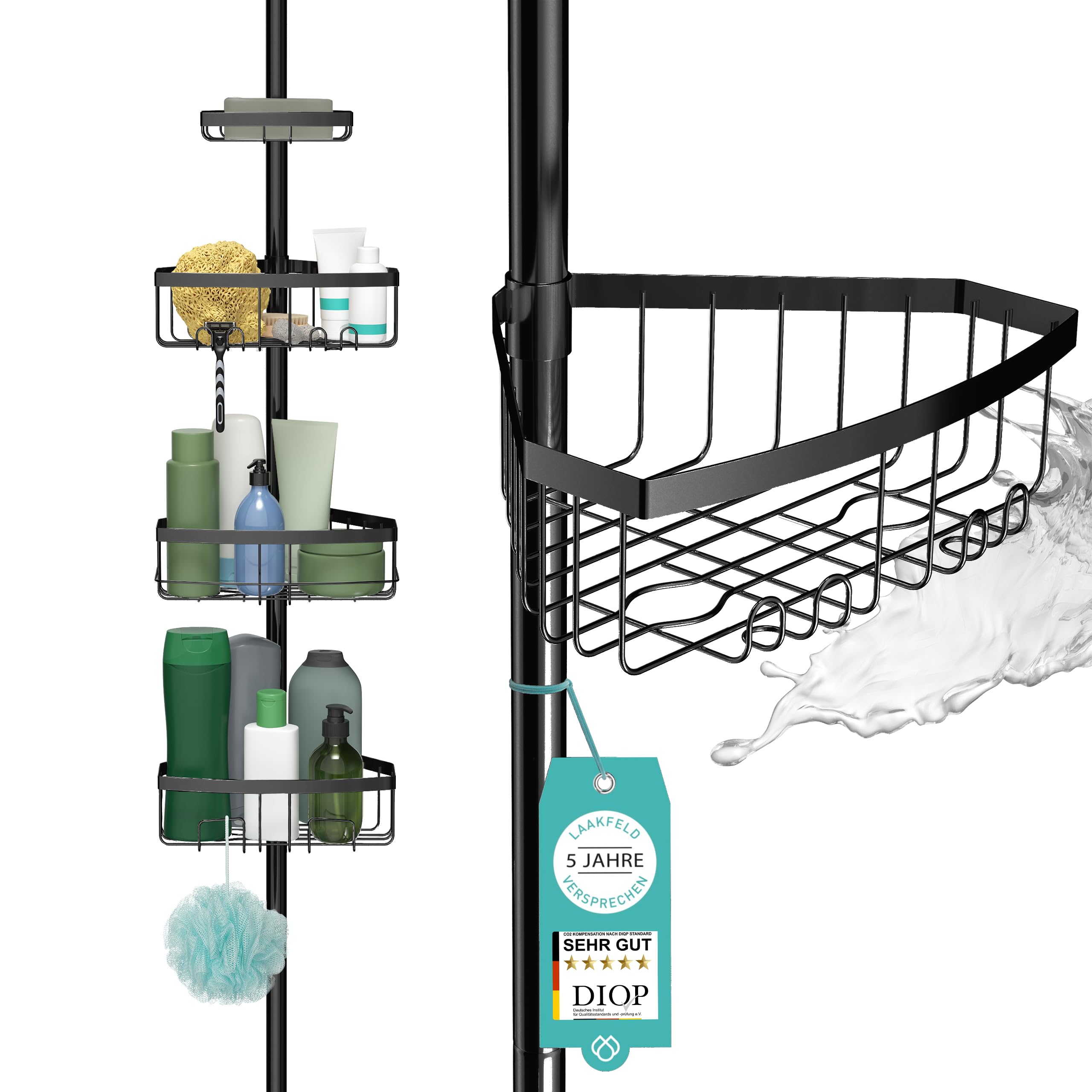 Teleskop Duschregal mit 3 Fach Anti-Rost Schutz (105-270cm) | Stabiles & flexibles 105-270cm Duschregal Teleskop ohne Bohren - Teleskopregal Bad 4 Körbe - Klemmregal Dusche und Badewanne