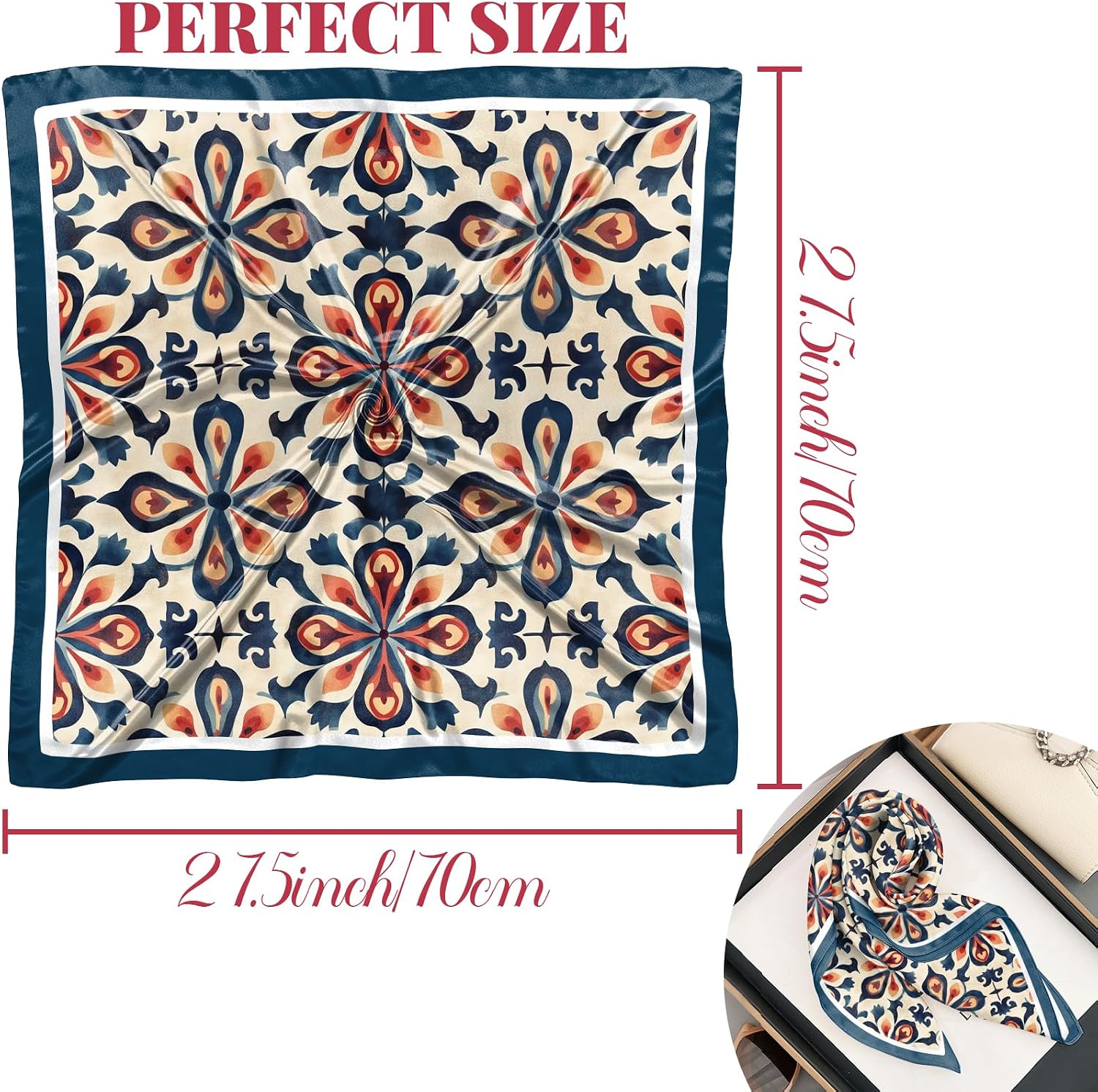 Scarf Silk Feeling Square Satin Headwear Wrap 27.5 Inches Bandana Aesthetic Trendy Cute Handbag Decoration Women Girls-Bohemia Flower image 2