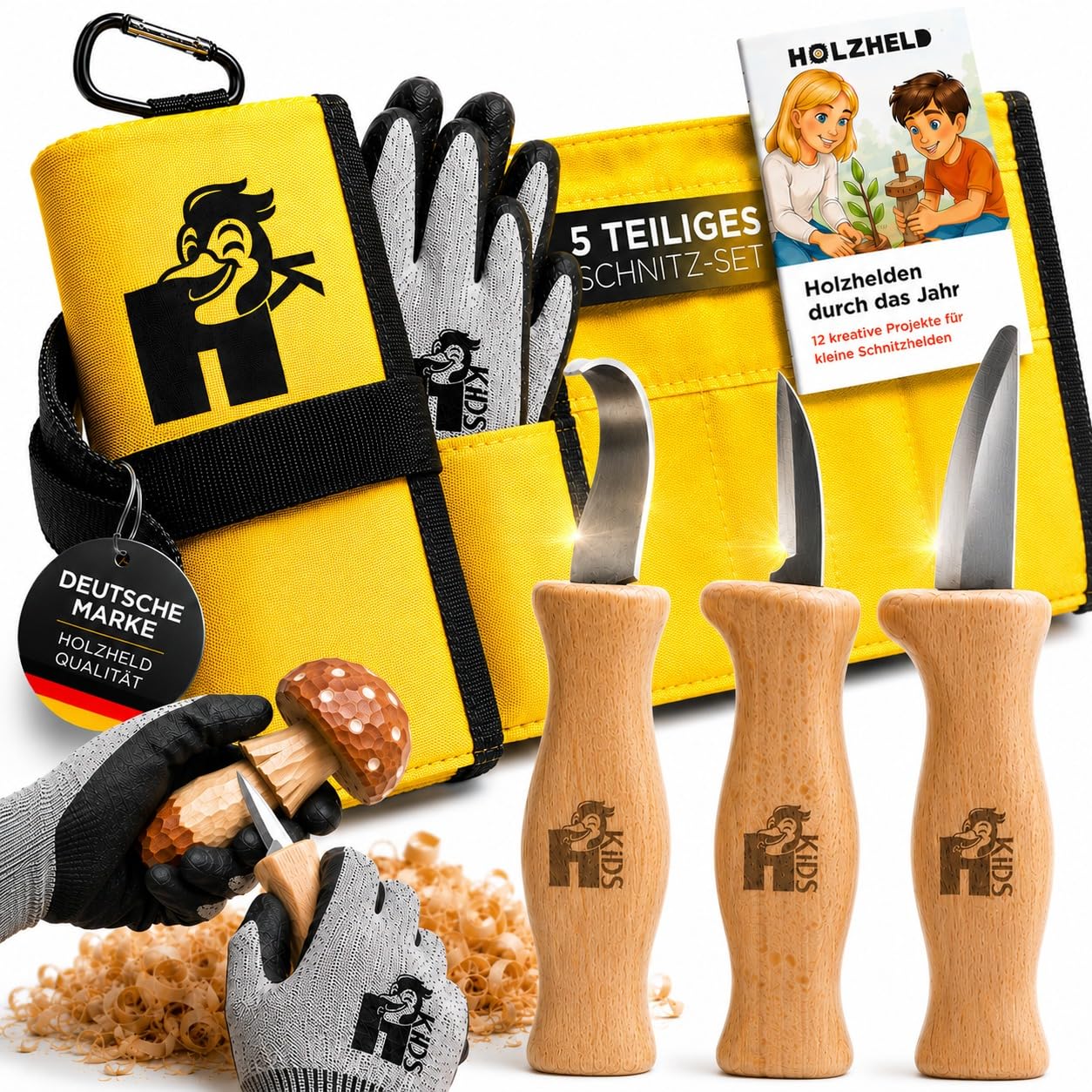 HOLZHELD - Schnitzmesser Kinder ab 4 Jahren - Schnitzwerkzeug Set inkl. Schnittfeste Handschuhe - Schnitzset mit praktischem Etui - Schnitzen Ab 4, 5, 6, 7, 8, 9 | Gelb Größe 5