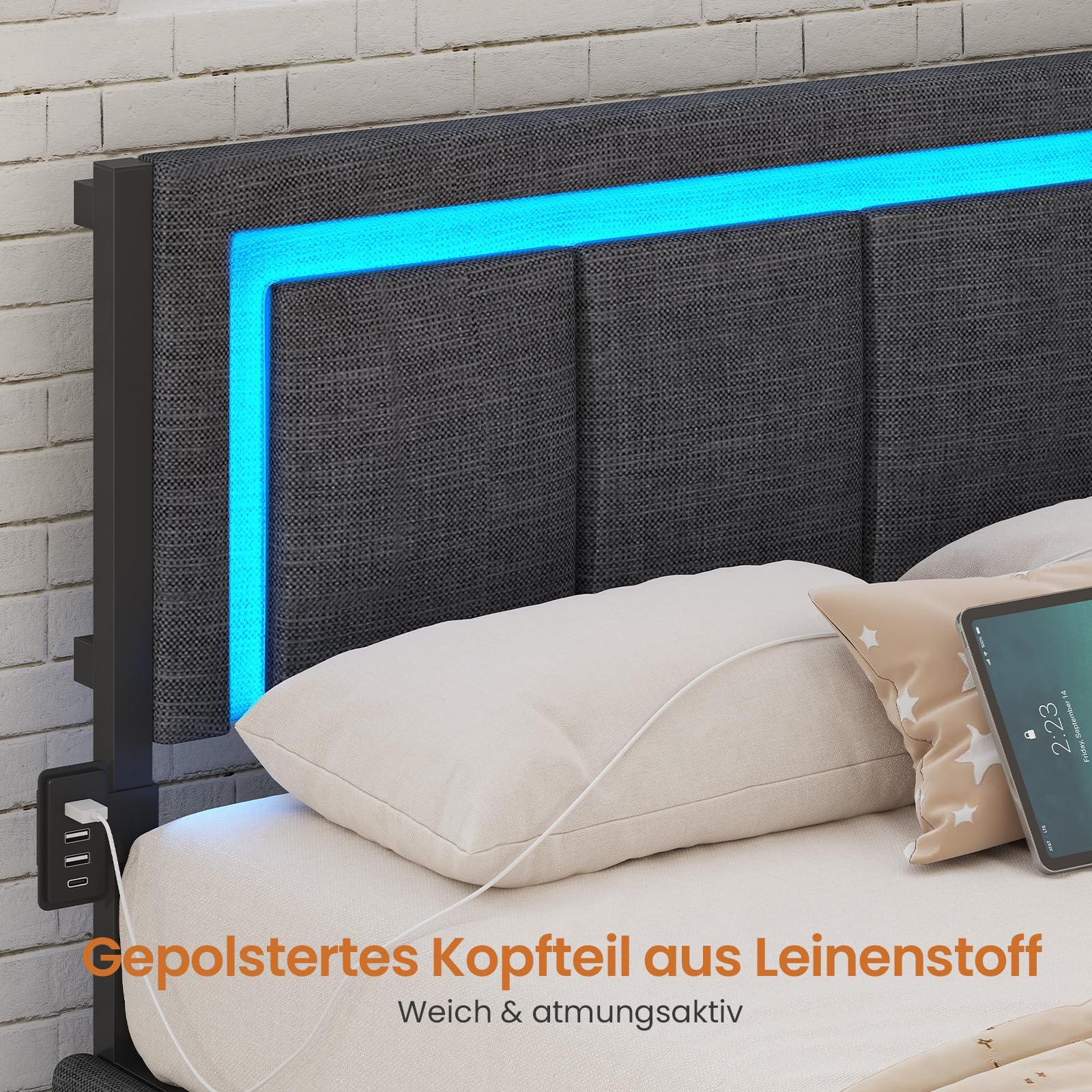 KIMENICH Polsterbett Schlafsofa 90x200 mit LED-Beleuchtung, 6 Stoffbeutel, Ladestation, Tagesbett, Jugendbett mit 2 Schubladen und Lattenrost aus Metall, Gepolstertes Kopfteil, Grau
