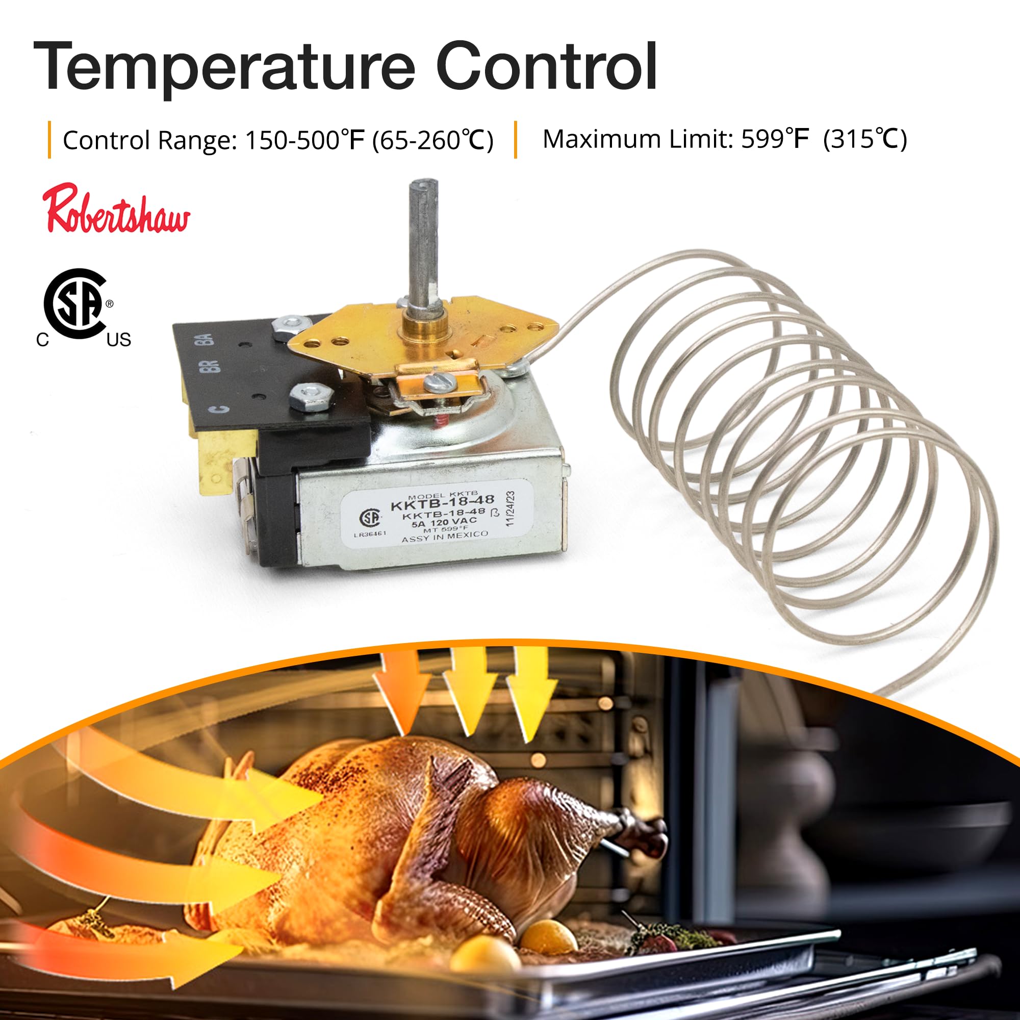 Robertshaw KKTB-18-48 - Termóstato de estufa de 5 A, 120 VCA temperatura máxima 700 °F para estufas Awoco y otras estufas de gas