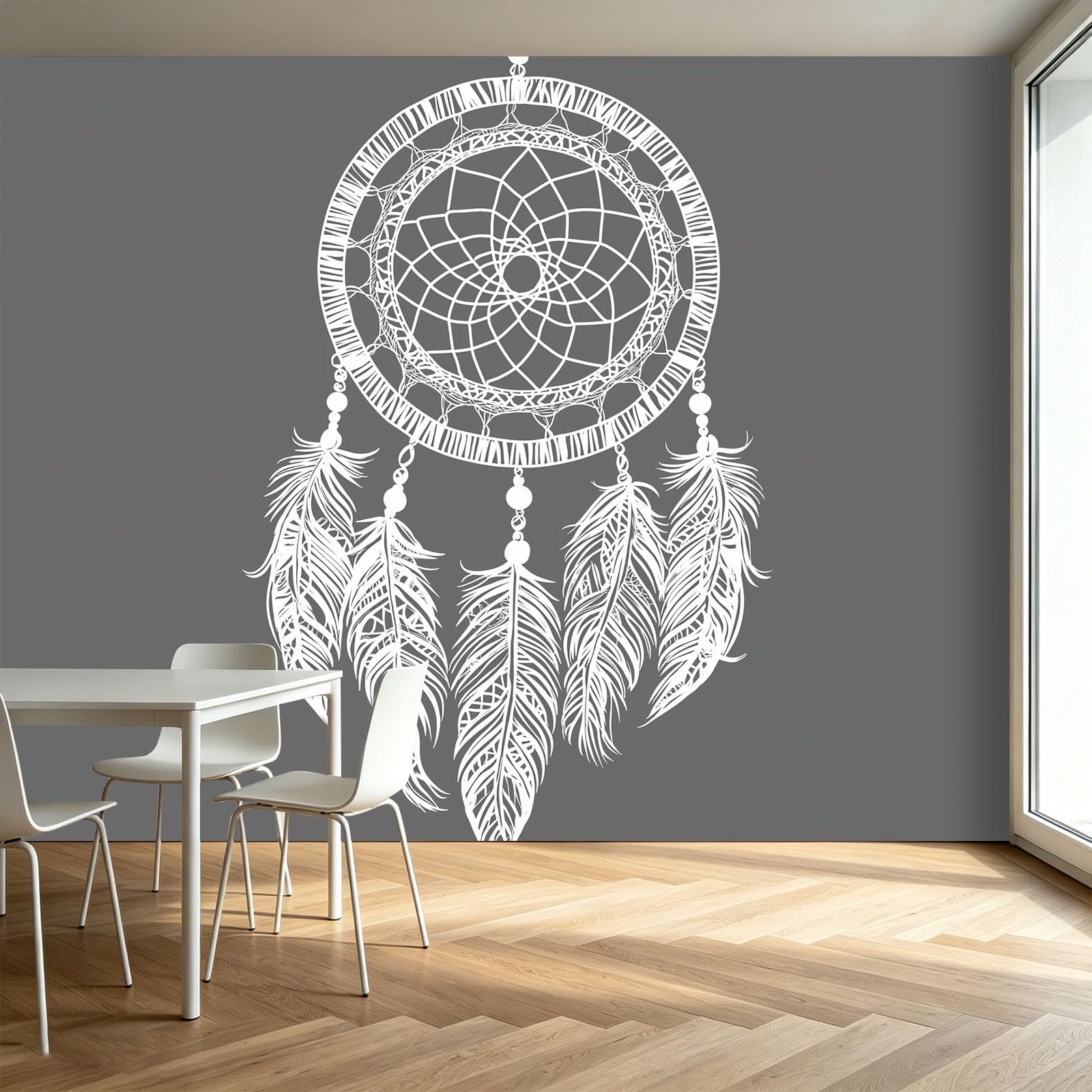 Boho Fototapete B250 x H175 cm Wandtapete, Geometrisch Traumfänger Federn Hochwertige Vliestapete für Wohnzimmer Schlafzimmer - Grau Moderne XXL Wanddekoration 3D-Effekt Wandbild Flur Büro