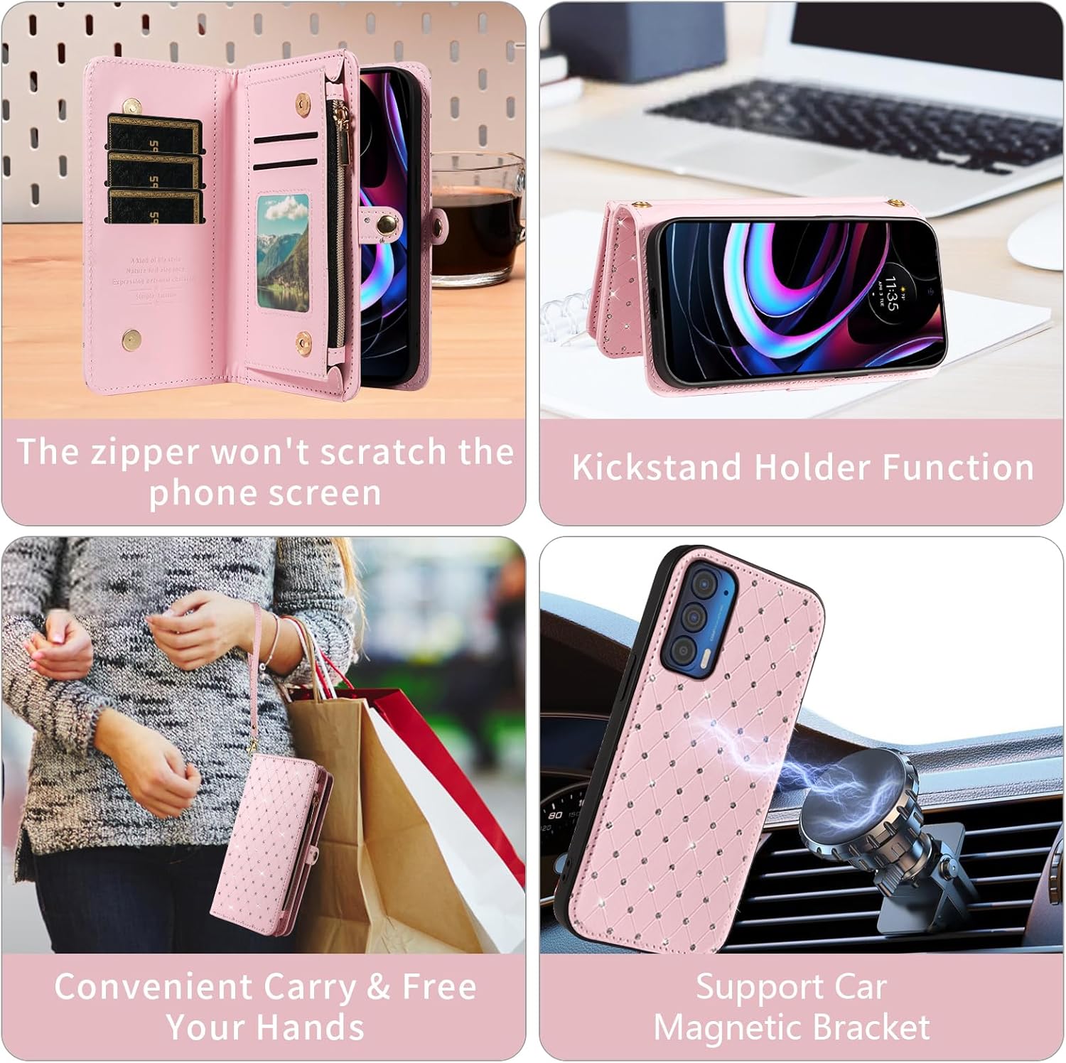 Asuwish Phone Case for Motorola Moto Edge 2021/MotoEdge 5G UW 2021 Zipper Wallet Detachable Cell Cover with Tempered Glass Screen Protector Strap Glitter Flip Card Holder Slot XT2141-1 Women Men Pink