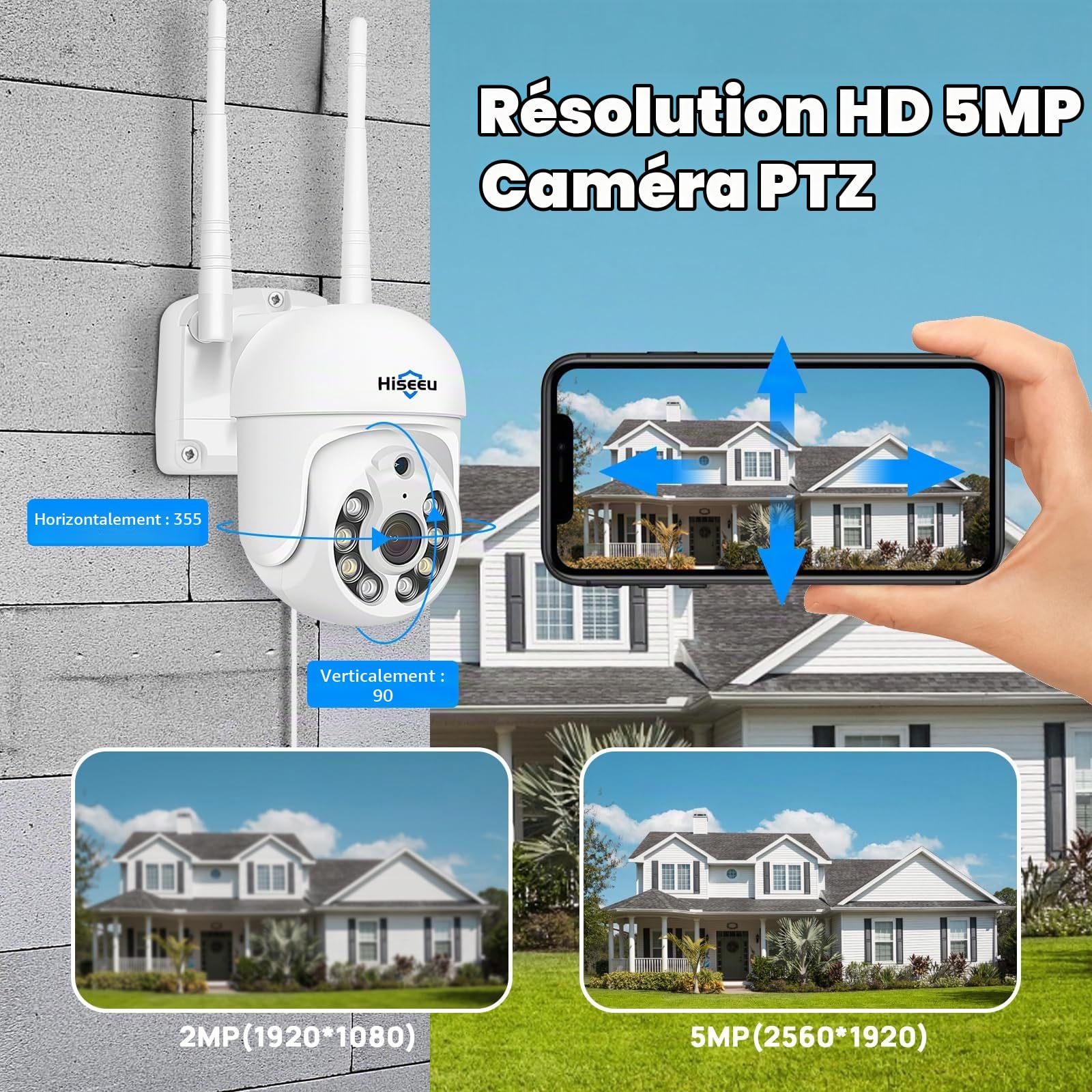 Hiseeu 5MP 3K Caméra de Surveillance WiFi Extérieure, PTZ Caméra IP Vision Nocturne Couleur Détection de Mouvements Humaine Suivi Automatique 355° 90° Audio Bidirectionnel Carte SD Étanche IP66