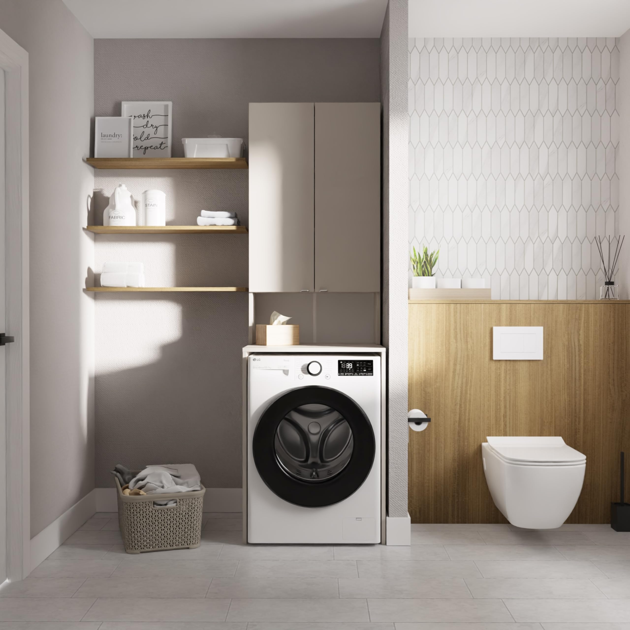 PLATAN ROOM Armadio per lavatrice e asciugatrice, 210 x 66 x 50/56 cm, bianco (cashmere (beige), profondità 56 cm)
