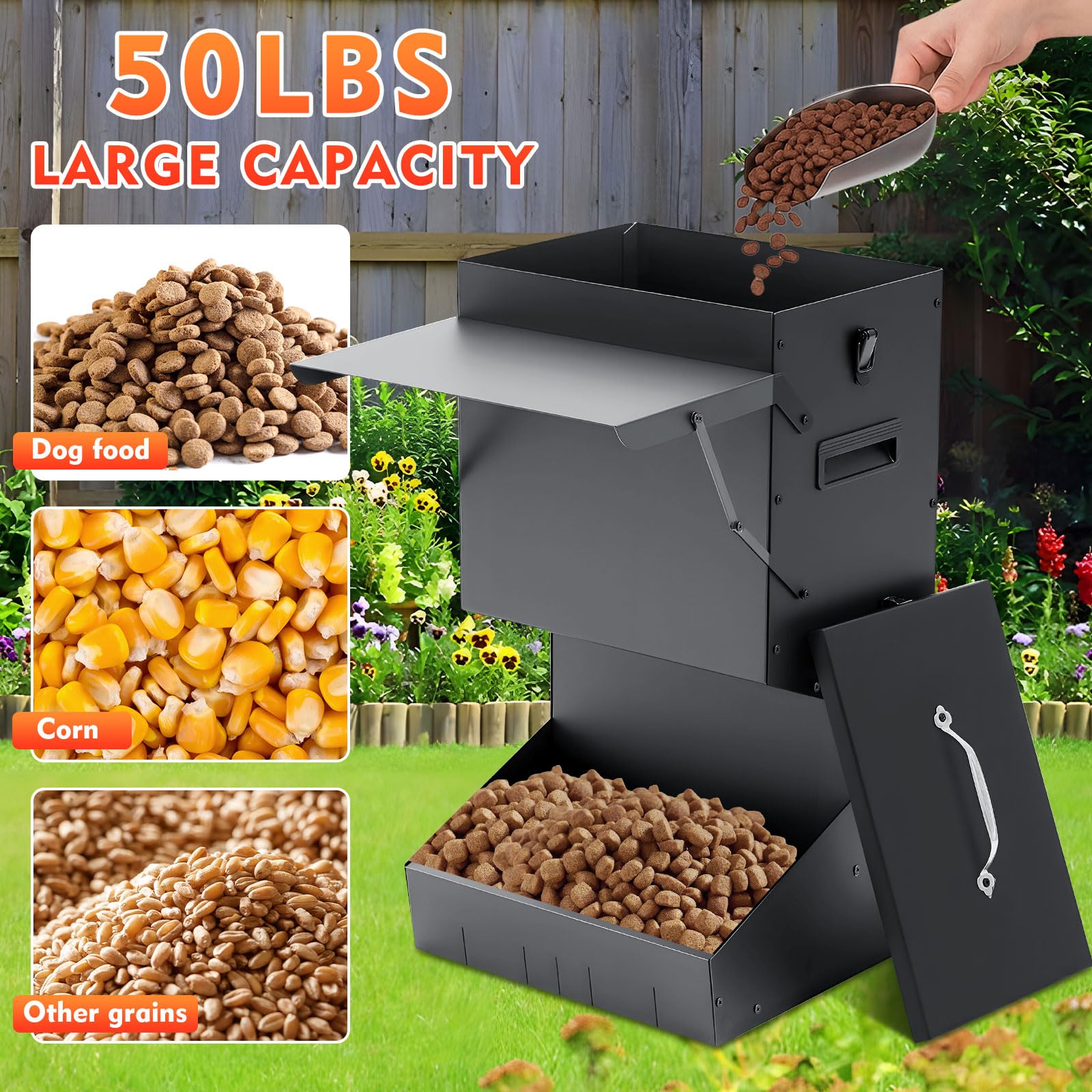 Willinglong 1 comedero automático para perros con tapa, capacidad de 50 libras, comedero para perros al aire libre, dispensador de alimentos para mascotas, dispensador de alimentos para mascotas para