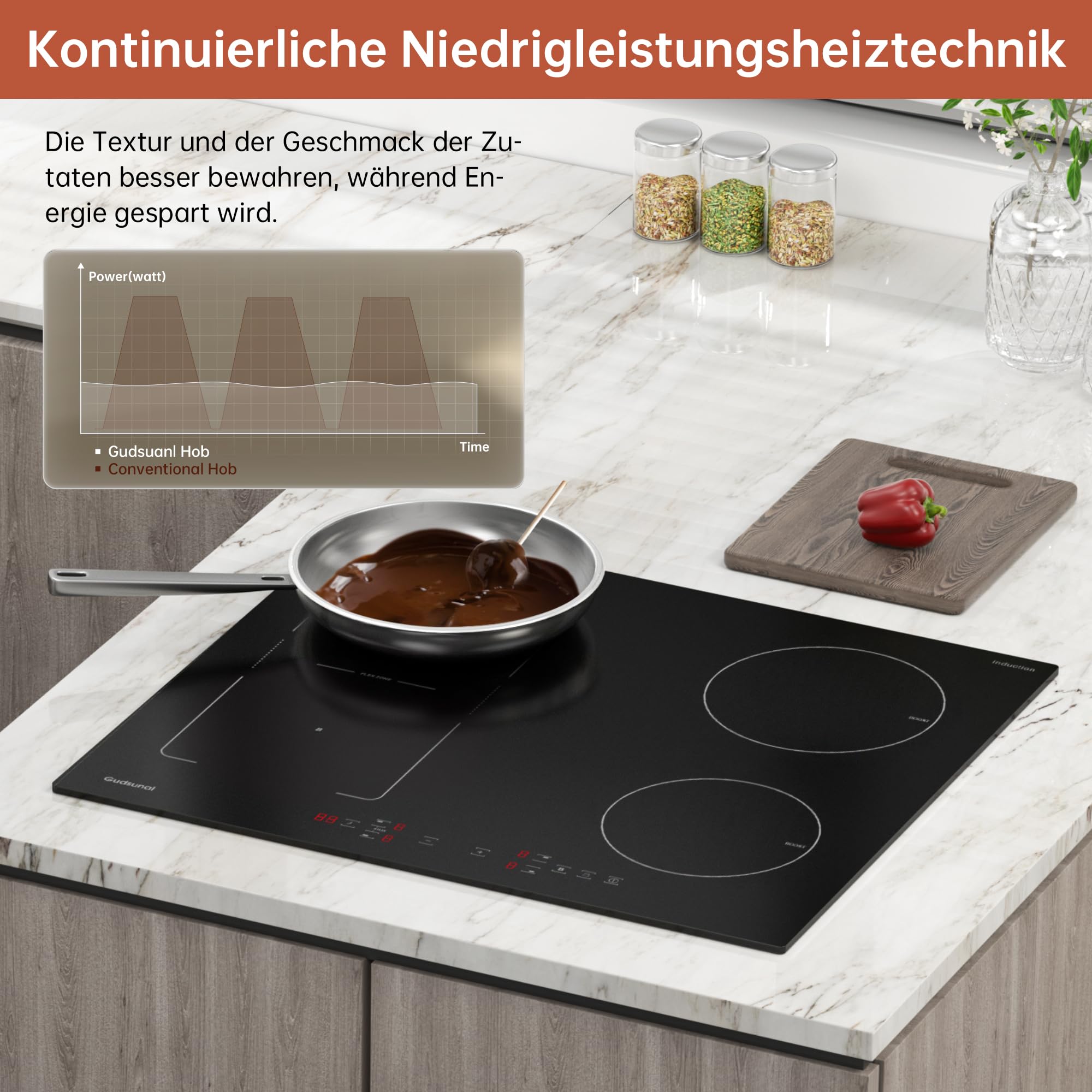 Induktionskochfeld mit Flexzonen, 60 cm, 7200W, kontinuierliche Niedrigleistungsheizung, Boost, 9 Heizstufen, Timer, automatische Abschaltung