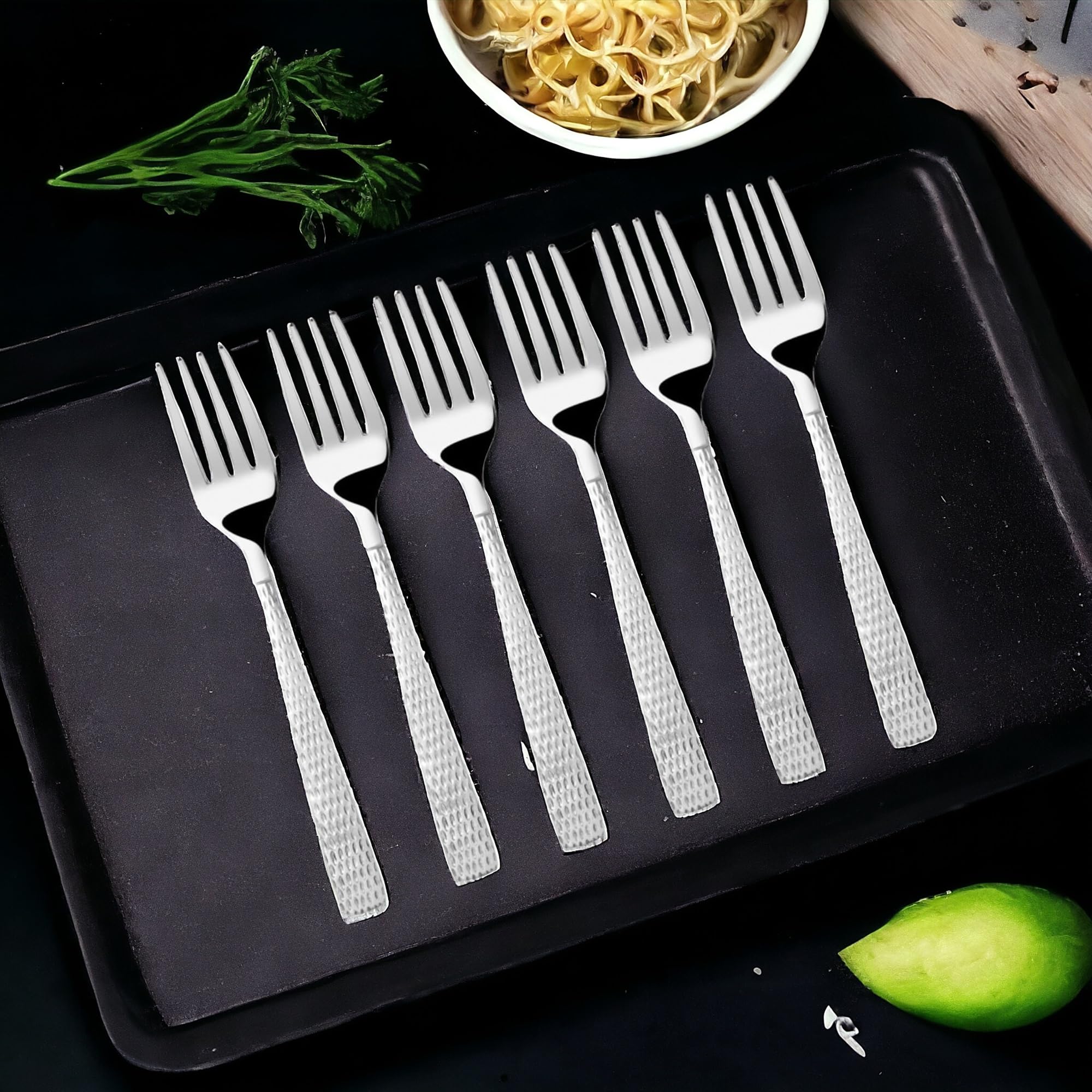 FnS Madrid 6 Pieces Stainless Steel Dinner Fork Set with Hammered Finish Handle | Premium Mirror Finish Table Forks for Pasta, Salad, Fruits & Dining | Cutlery for Home, Kitchen & Restaurant 3