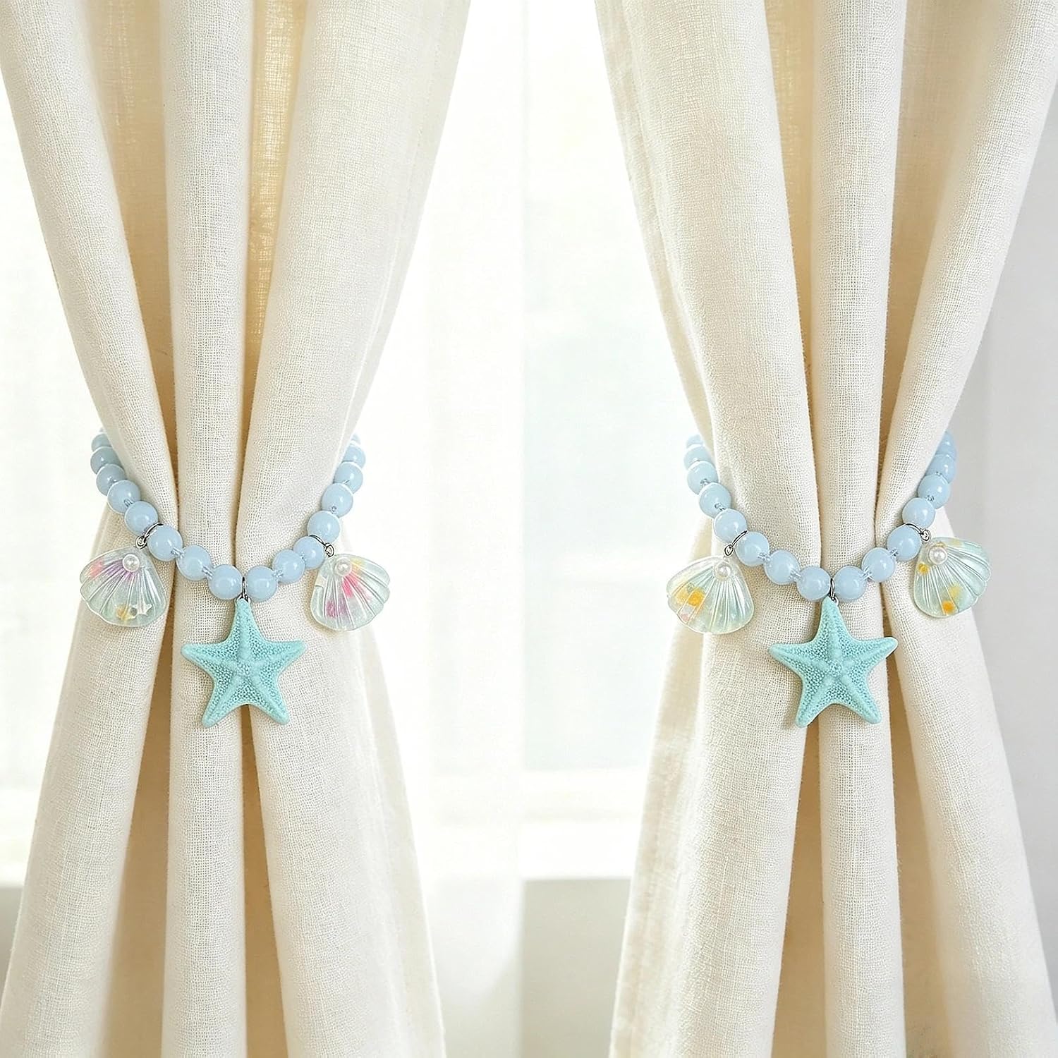 2 Pcs Ocean-Themed Curtain Tiebacks with Shell & Starfish Pendants - Beaded Holdbacks for Bedroom Living Room