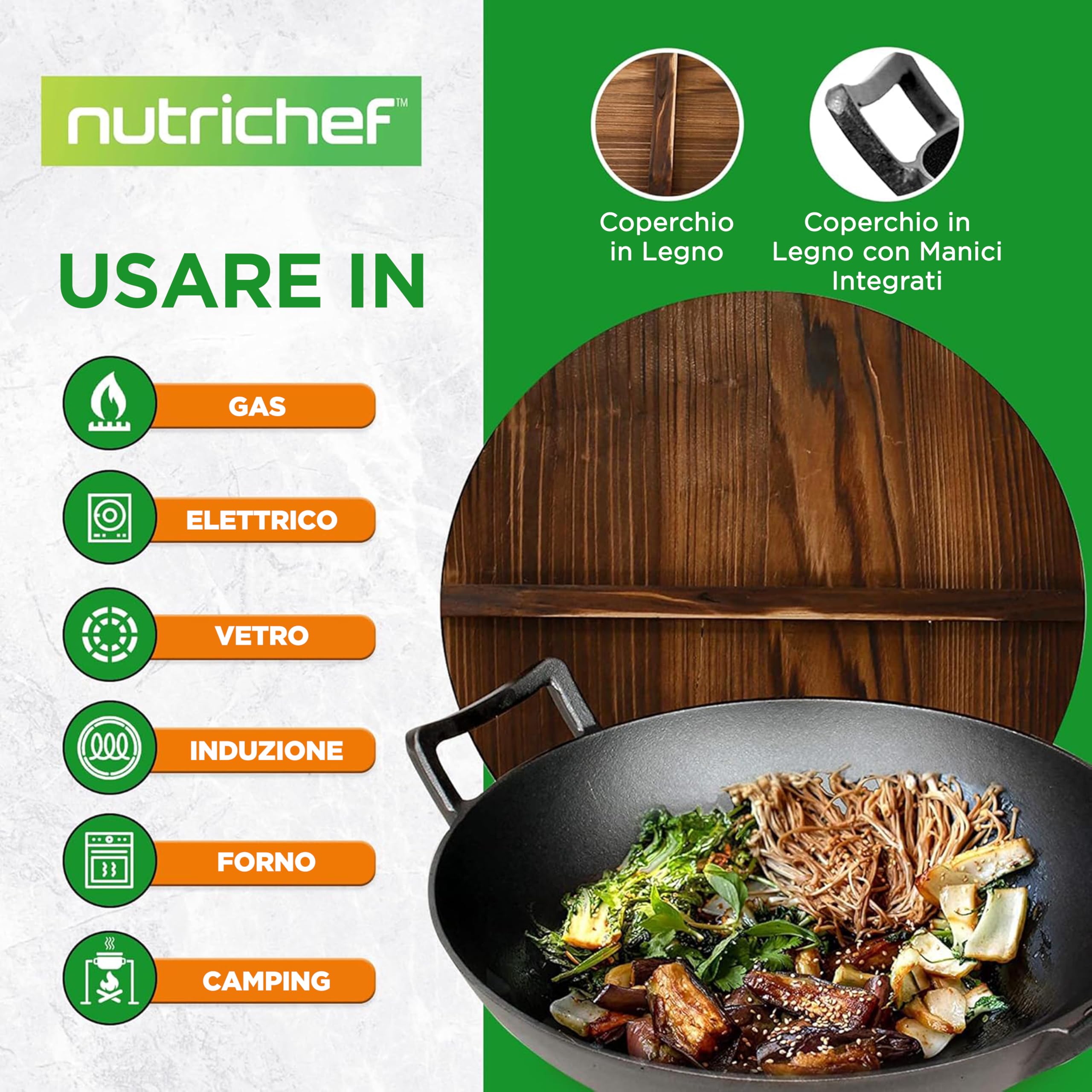 NutriChef Padella in Ghisa Pre-Stagionata da 5,5 Litri - Wok Antiaderente con Coperchio in Legno, per Piano Cottura Elettrico, Nero