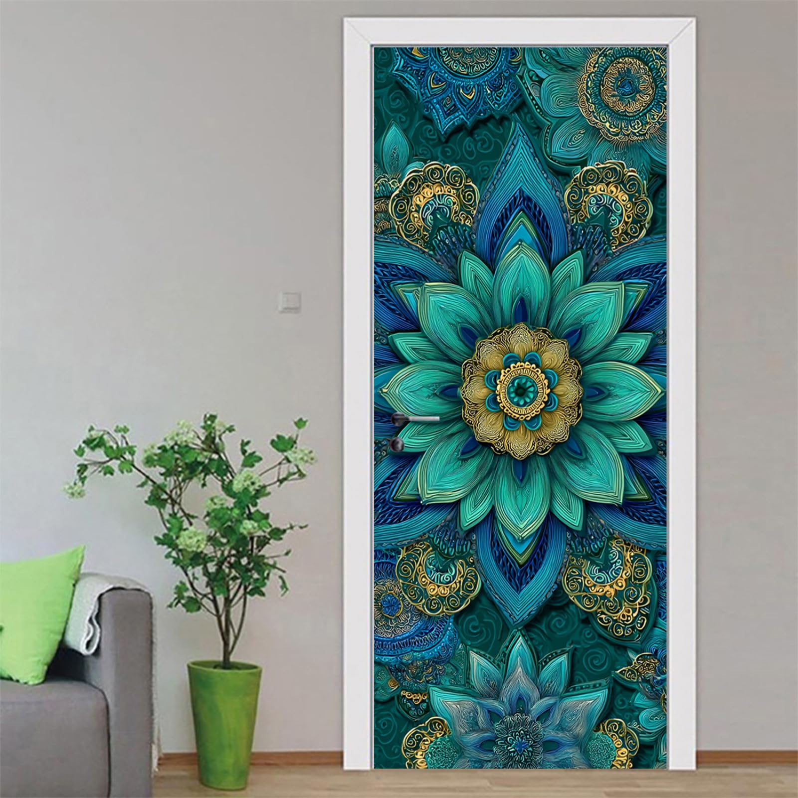 Stickers porte eau vert bleu facile a enlever pour masquer un placard abime