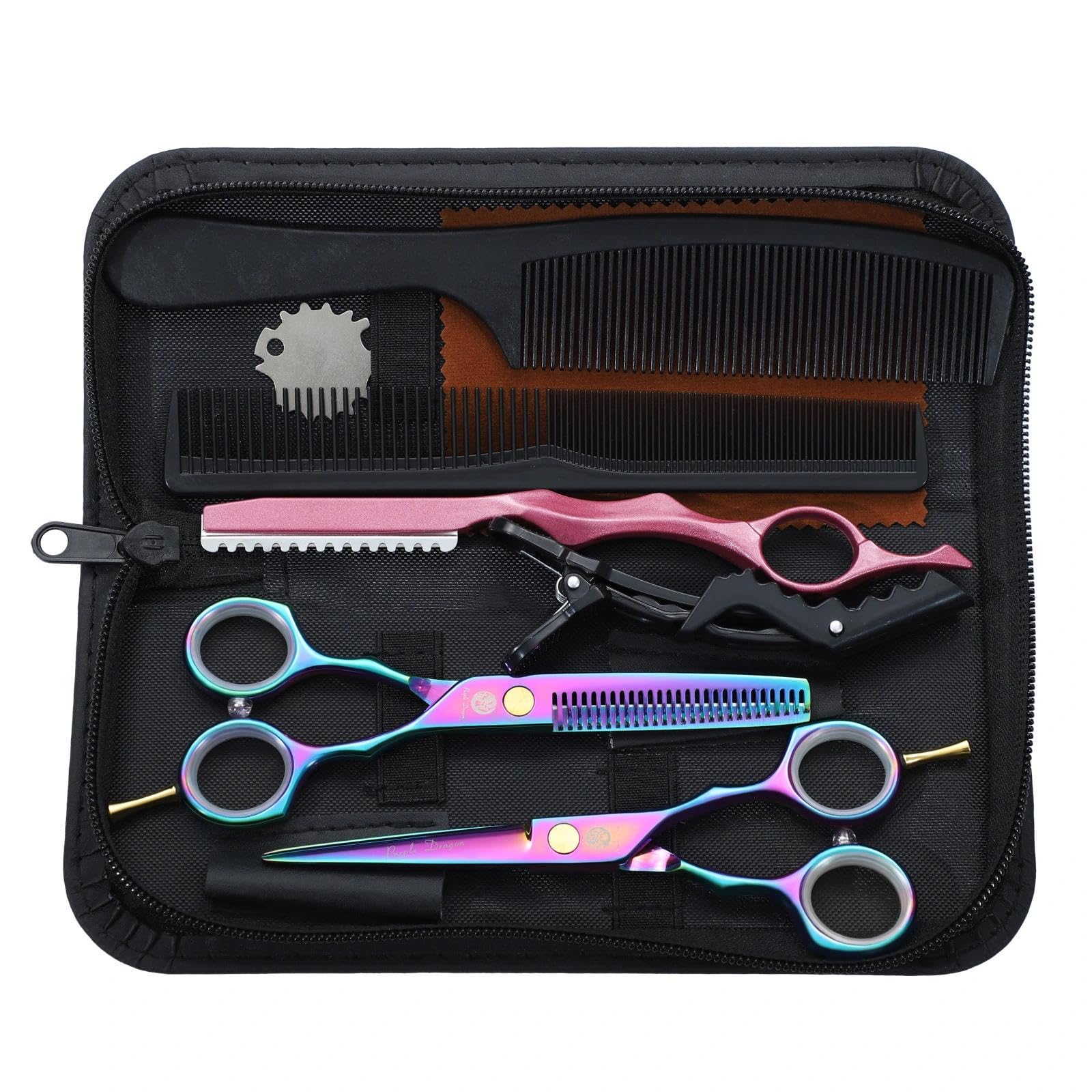Purple Dragon 5.5 inch Hair Cutting Scissors Set with Razor, Leather Scissors Case, Barber Hair Cutting Shears Hair Thinning/Texturizing Shears for