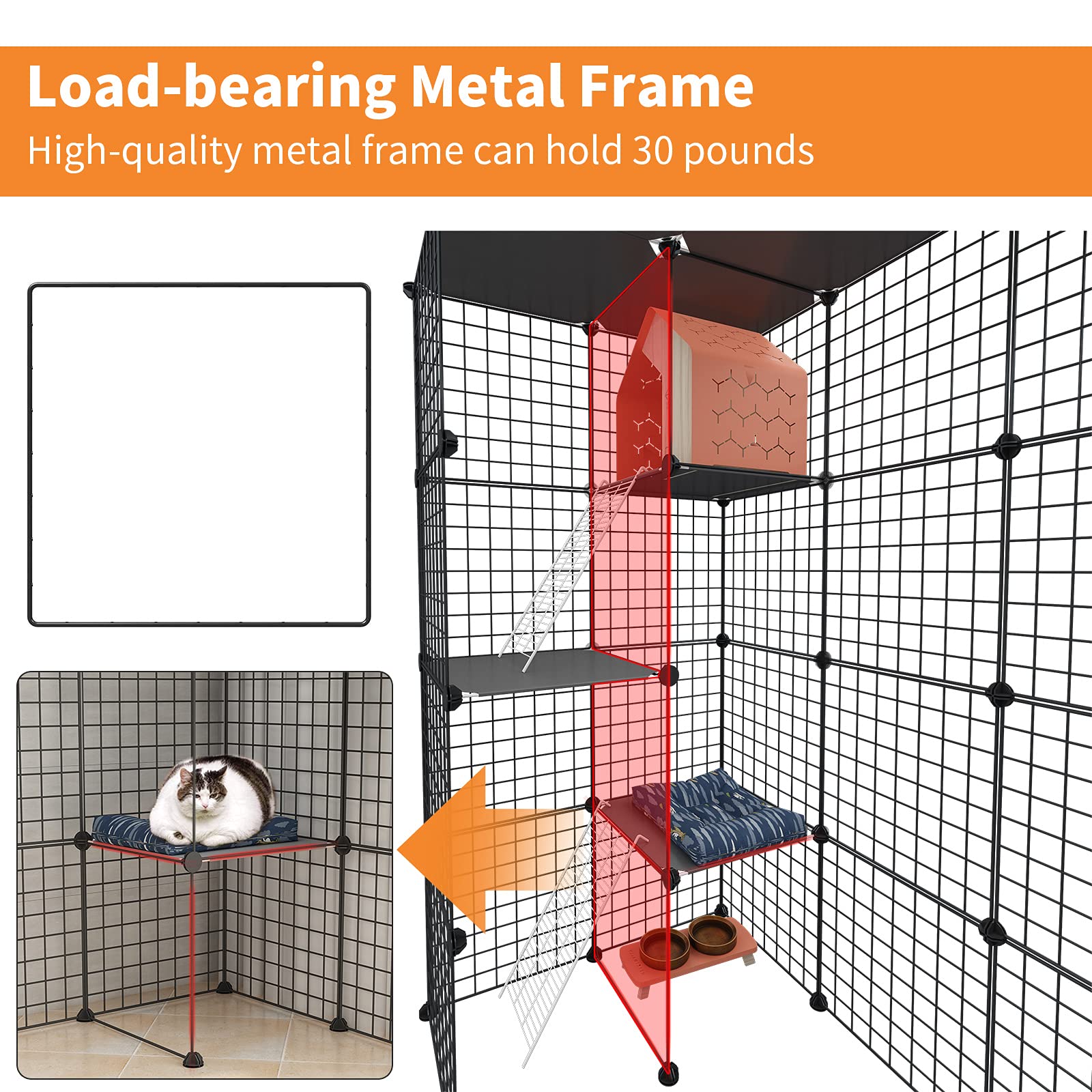 Oneluck Gabbie per gatti a 4 livelli, 140 cm, per fai da te, staccabile, in filo metallico, ideale per 1-2 gatti