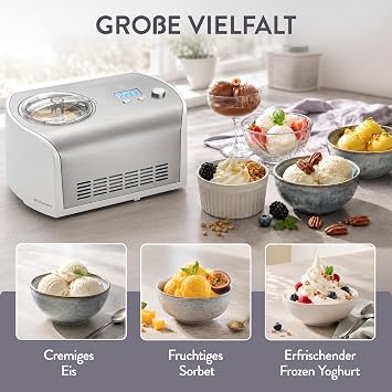 Elli 1.2 litre ice cream maker with self-cooling compressor 135 watt made of stainless steel with removable ice container incl. recipe book (English language not )