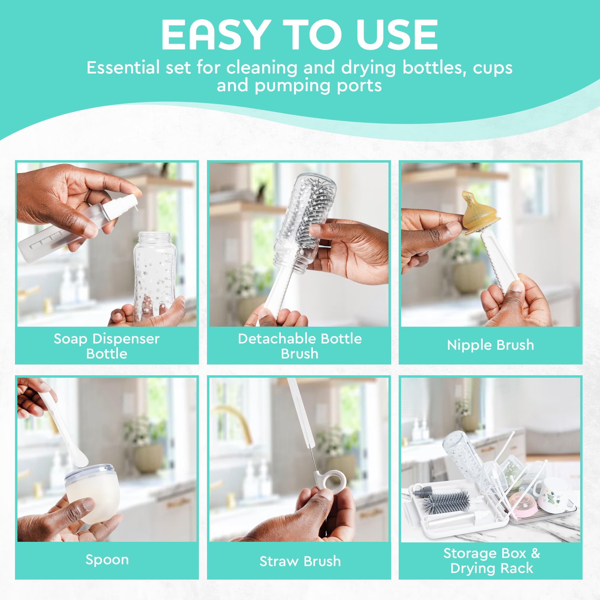 BAZELINE CREATIONS 7-in-1 Baby Bottle Cleaning Kit: Bottle Brush, Teat Brush, Straw Brush, Soap Dispenser, Spoon - Image 4