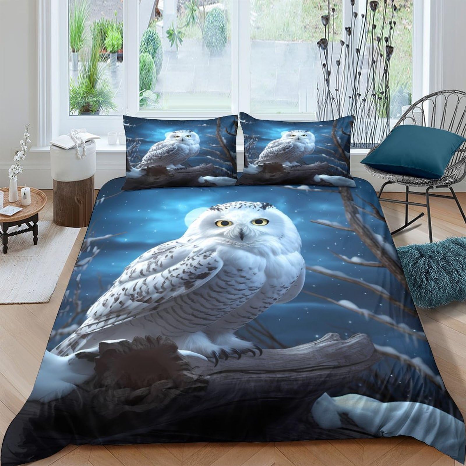 Ctjqhvkz Style-10 3D Printed Snowy Owl Fitted Sheet Microfiber Soft Breathable Night Forest Mattress Cover For Bedroom Decor Single（135X200cm）