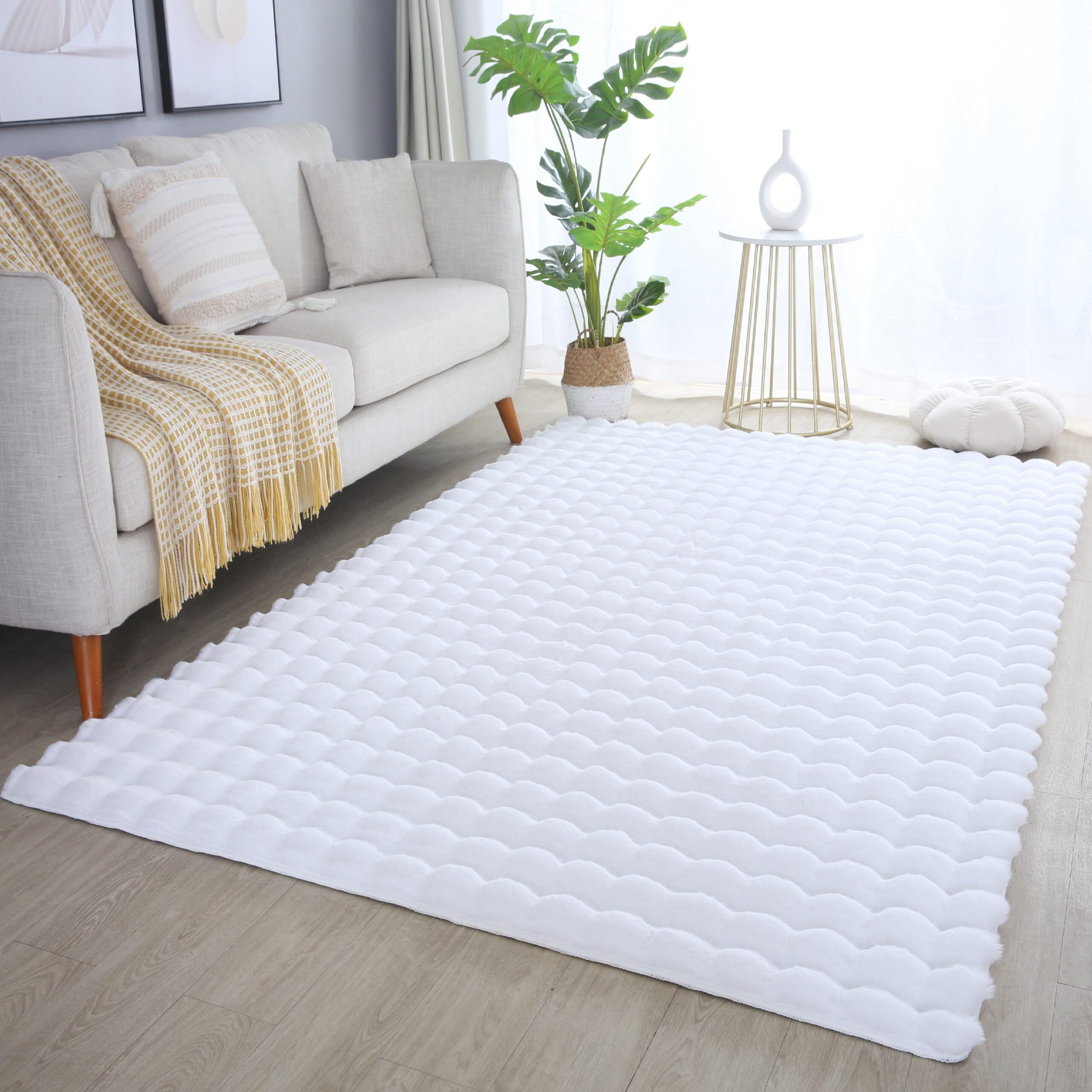 Orbie Plain Living Room Area Rug Machine Washable Plain Rug with Ridge & Furrow Machine Carved Pattern Modern Super Soft Area Rug for Living Room Bedroom Hallway in 5 Colours- Snow White- 60 x 100 cm
