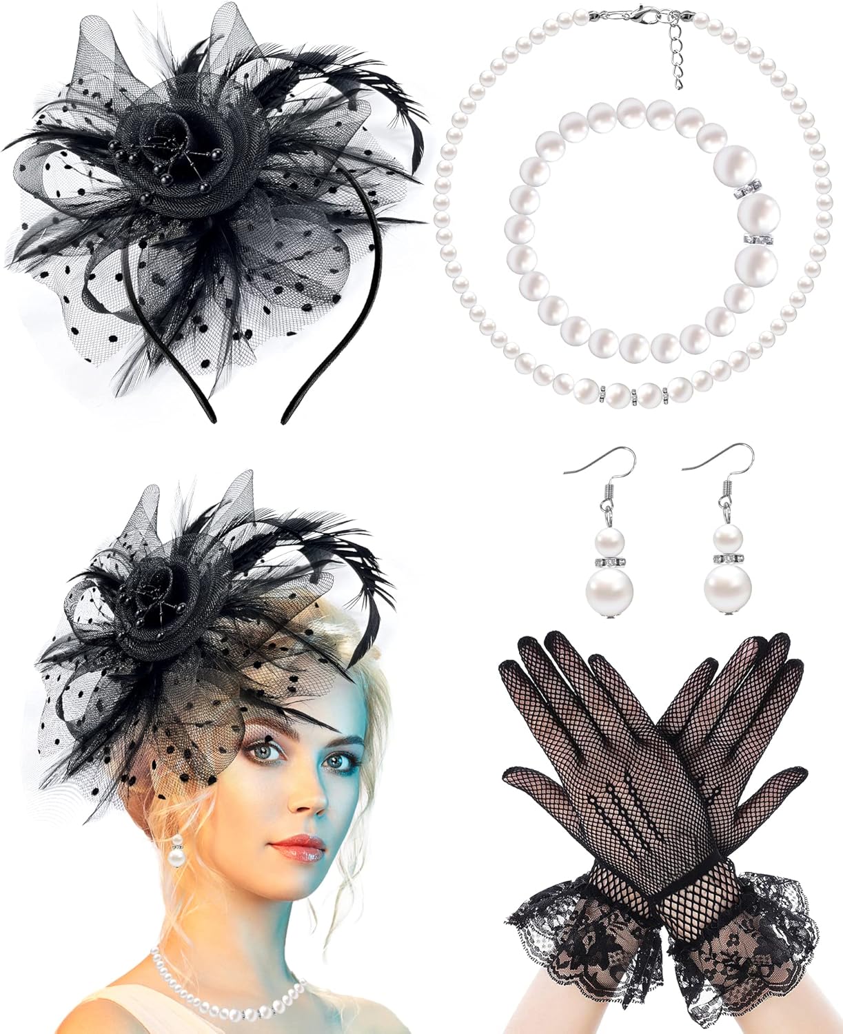 5 Pack Fascinators Hat for Women Tea Party Veil Mesh Headband Feather Hat Lace Gloves Pearl Jewelry Set for 1920s Party