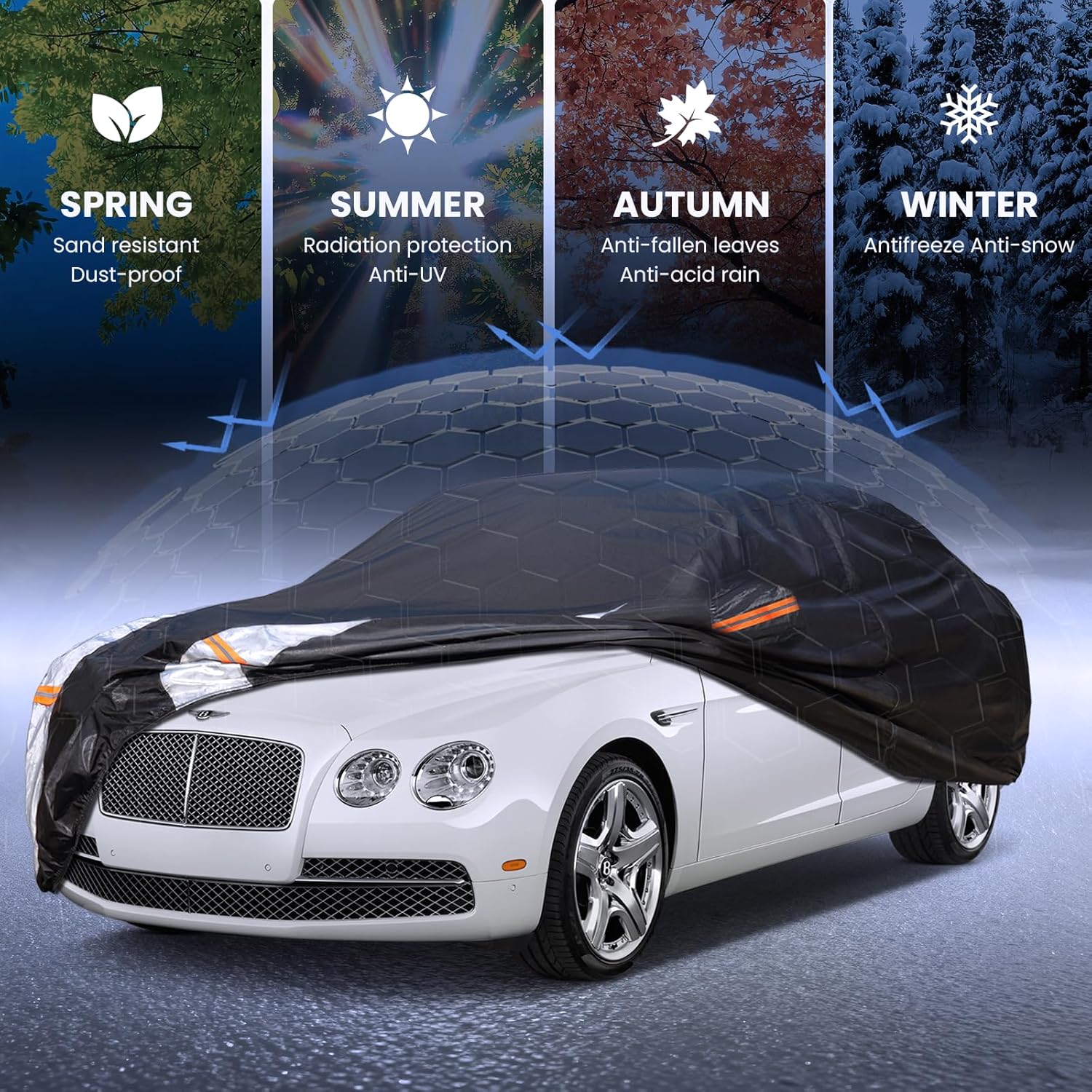 Multi-Layer Car Cover Custom Fit for Bentley Flying Spur(2013-2026), 100% Waterproof All Weather for Automobiles, Gift with Towel, Heavy Duty Car Covers for Rain Sun UV Protection with Door Zipper.