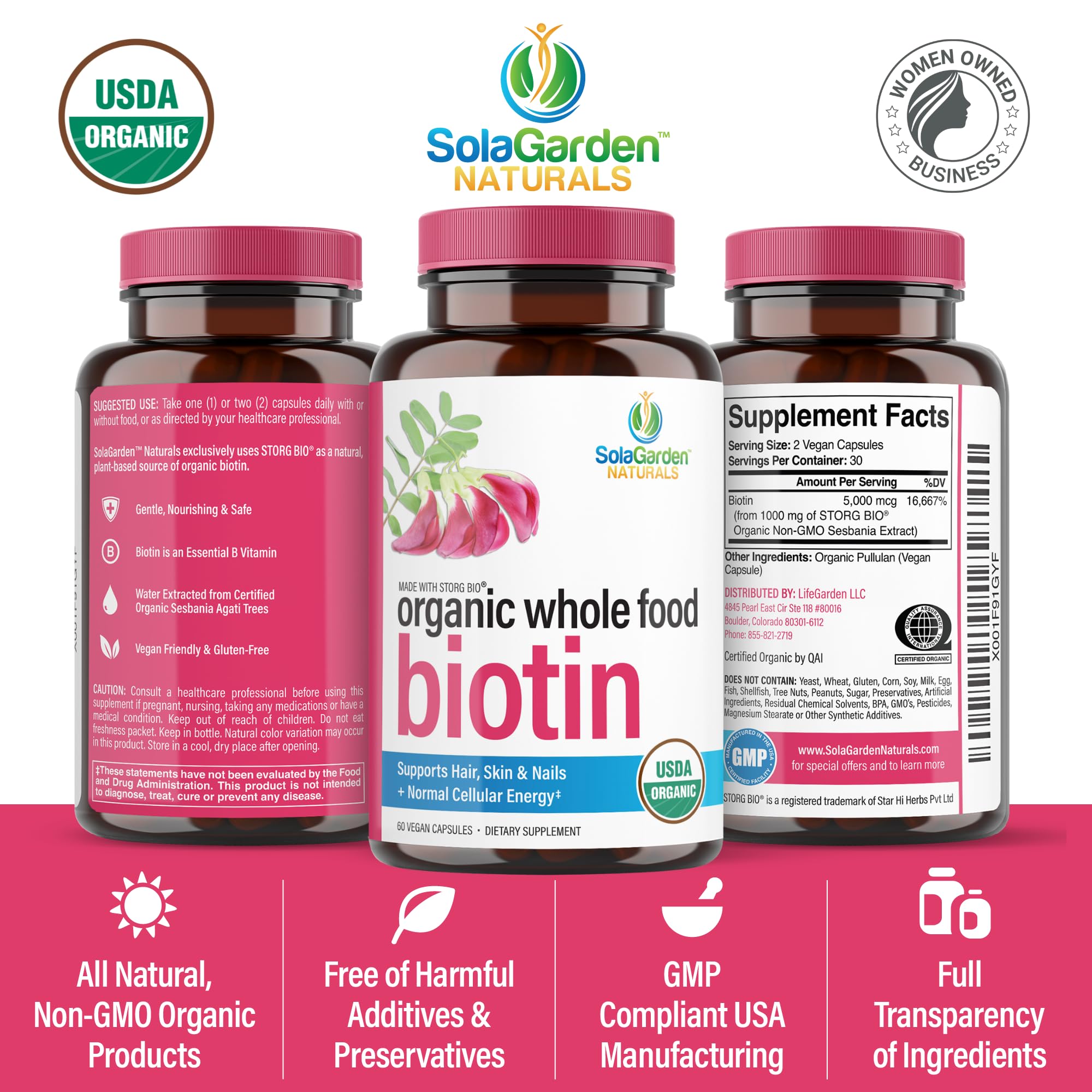 USDA Organic Whole Food Biotin Supplement, Made with Plant-Based Biotin from Sesbania Agati Trees, by SolaGarden Naturals, 60 Non-GMO Vegan Capsules, Supports Hair, Skin, and Nails, Made in USA — Amazon image 6