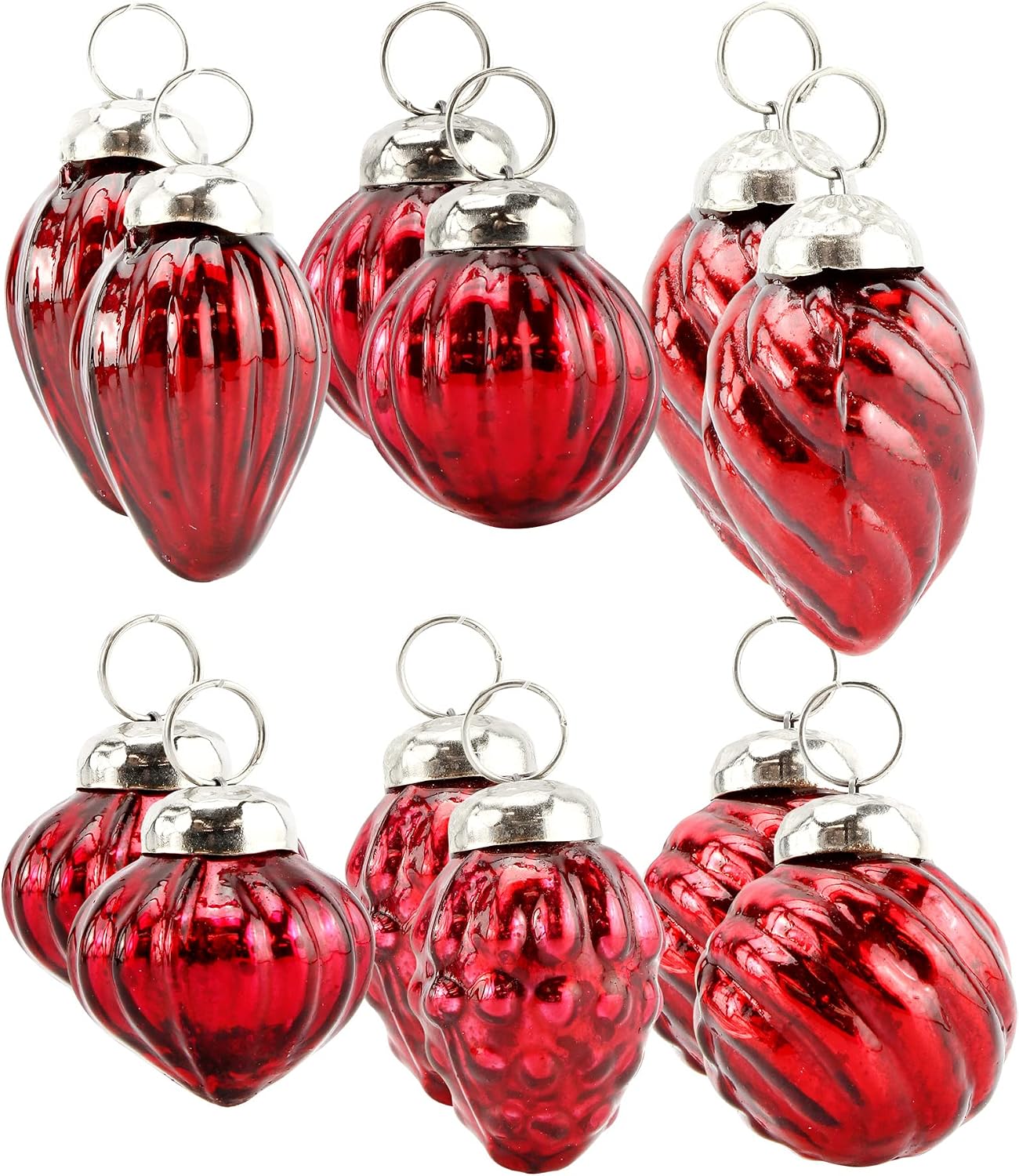 AuldHome Small Glass Finial Ornaments (Set of 12, Dark Red); Antiqued Ornaments Retro Christmas Decorations w/Storage Bag; Small to Medium Tree