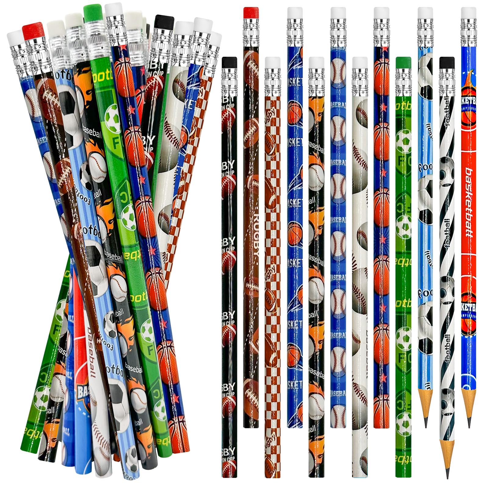 Cinrobiye 96 Pcs Sports Pencils Bulk, Basketball Football Baseball Scoeer Wood Pencils with Erasers Sports for School Prizes Classroom Exchange Gifts