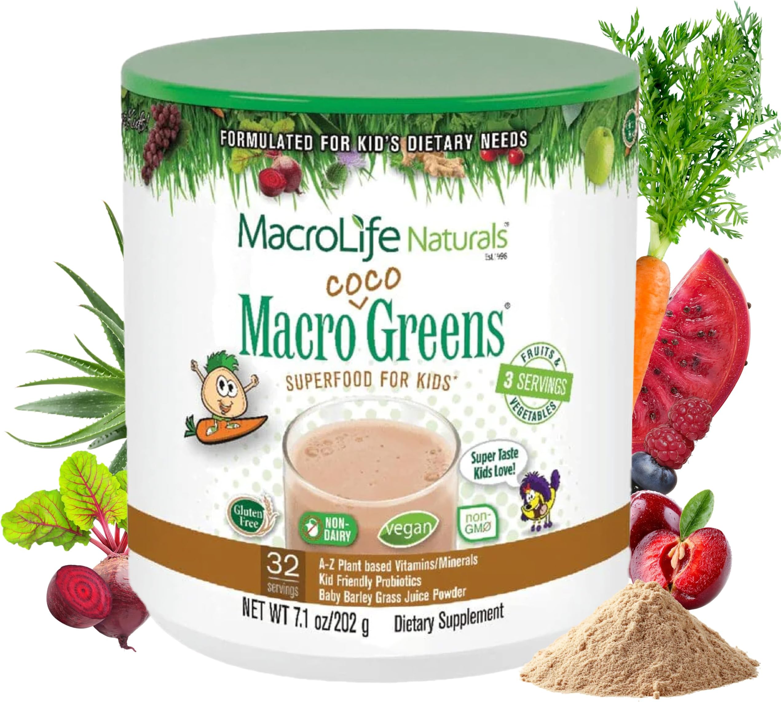 Macro Coco Greens Drink Mix for Kids â€“ All Natural Green Superfood with 3.5 Billion Probiotics & Enzymes to Aid Digestion & Support Immune - Gluten Free & Vegan Ingredients