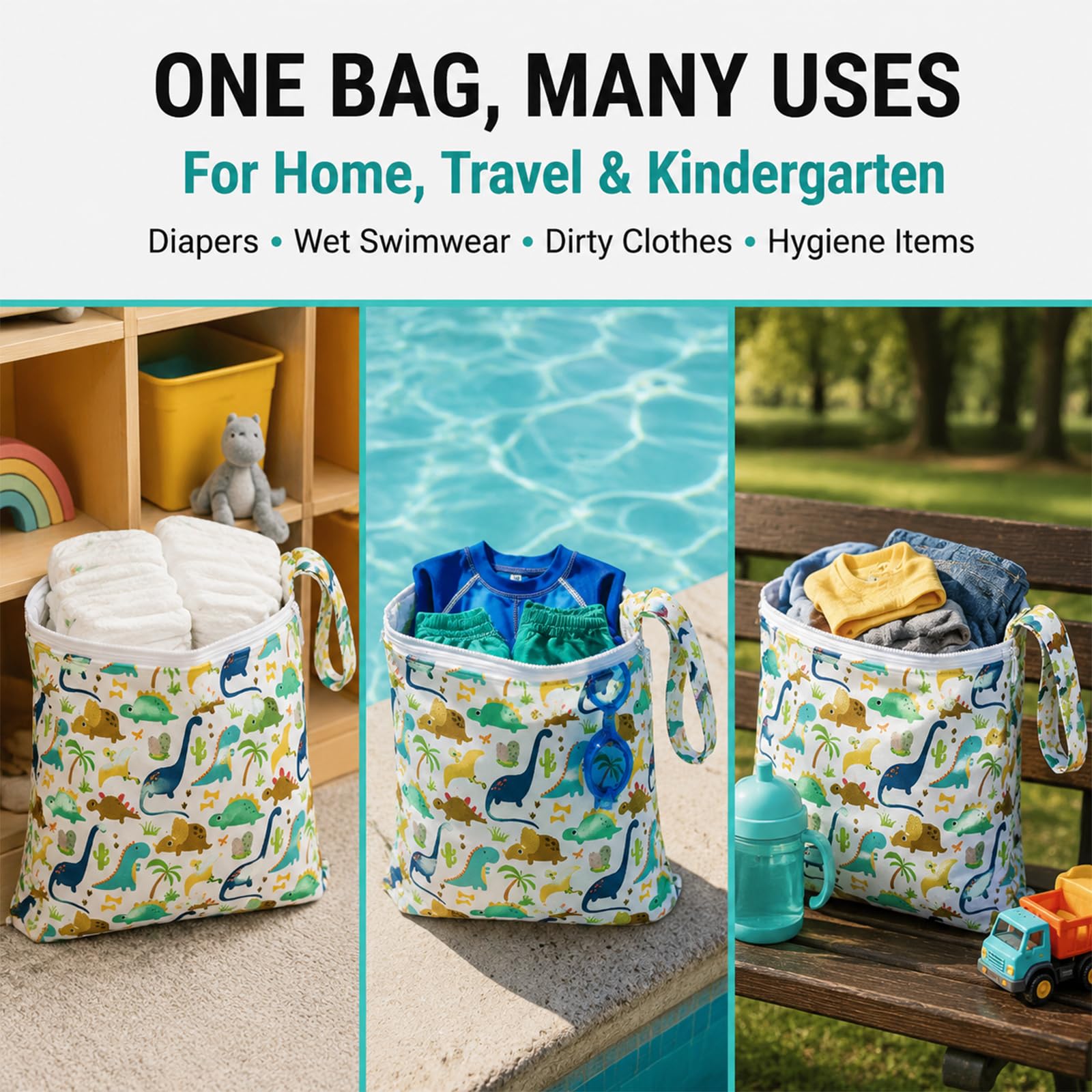 Set da 3 Wetbags con Dinosauri, Borse Impermeabili per Pannolini e Articoli bagnati per Bambini e Asilo, wetbag Portatile con Motivo Dolce di Dinosauri