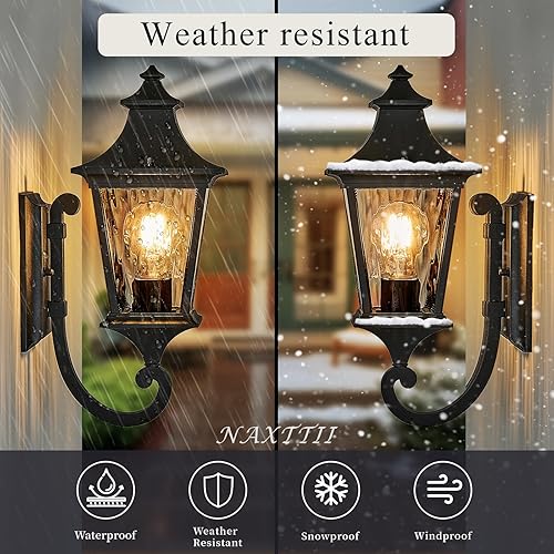 Miniatura 5 de Paquete de 2 luces de porche para exteriores, accesorios de iluminación de pared con vidrio ondulado de agua, lámpara de pared grande para garaje,