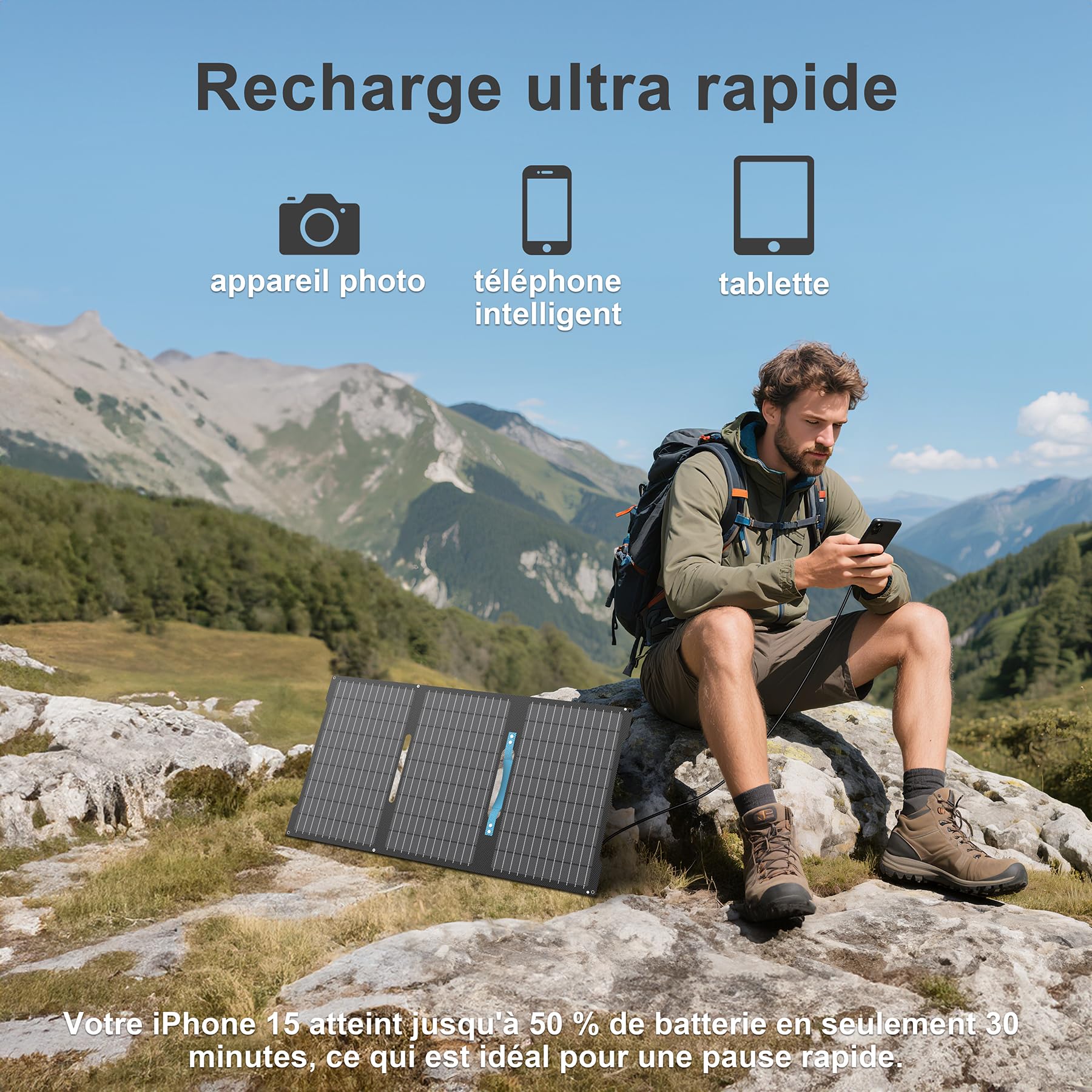 Przenośny panel słoneczny 45 W, ładowarka z USB-C PD 3.0 i USB-A QC 3.0, wodoszczelność IP67, do powerbanków, smartfonów, iPhone'ów, urządzeń z systemem Android, aparatu, na kemping i na