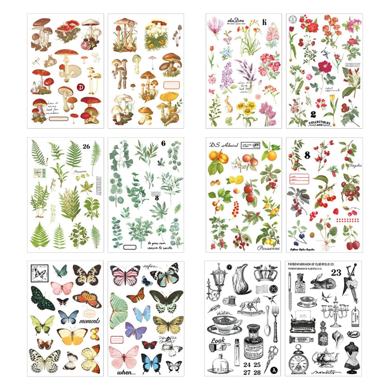12 Sheets Rub on Transfers for Furniture Crafts Butterfly Flower Plant Stickers Journaling Scrapbooking Supplies Mushroom Botanical Decor Sticker Decals DIY Bullet Journal Album supplies