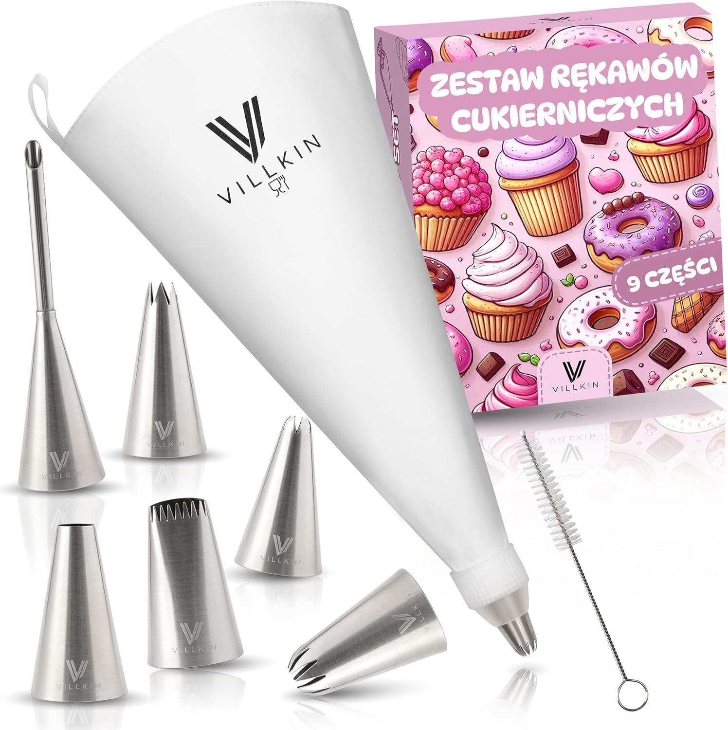 Villkin zestaw z rękawem cukierniczym - 9 elementów – rękaw 34 cm z 6 tylkami ze stali nierdzewnej, adapterem i szczoteczką – do tortów, babeczek, muffinek i ciastek