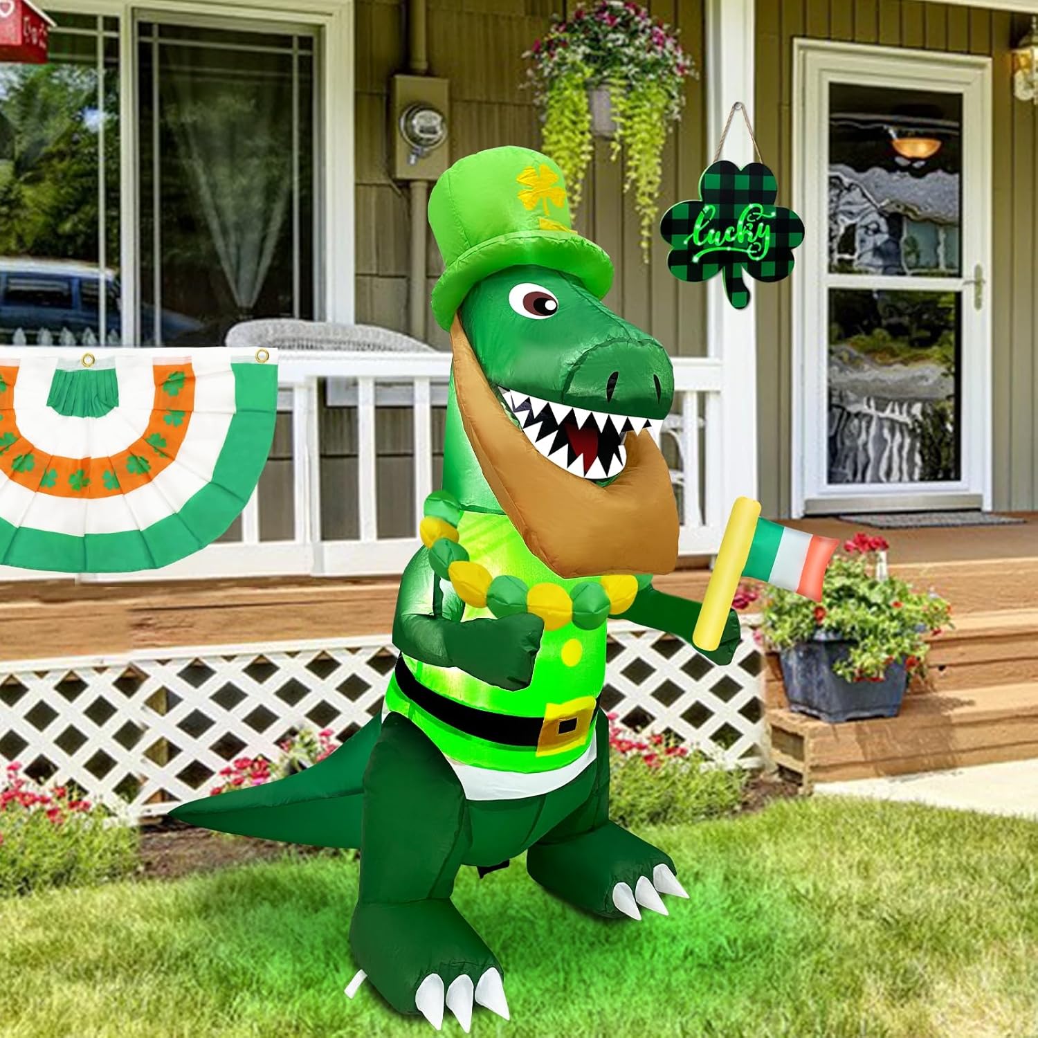 TURNMEON 4FT Dinosaur St. Patrick's Day Inflatables Decorations Outdoor Blow Up Dinosaur Hold Irish Flag Wear Necklace Shamrocks Hat LED Lights St Patricks Day Decor Indoor Home Yard Garden Lawn Party - Image 2