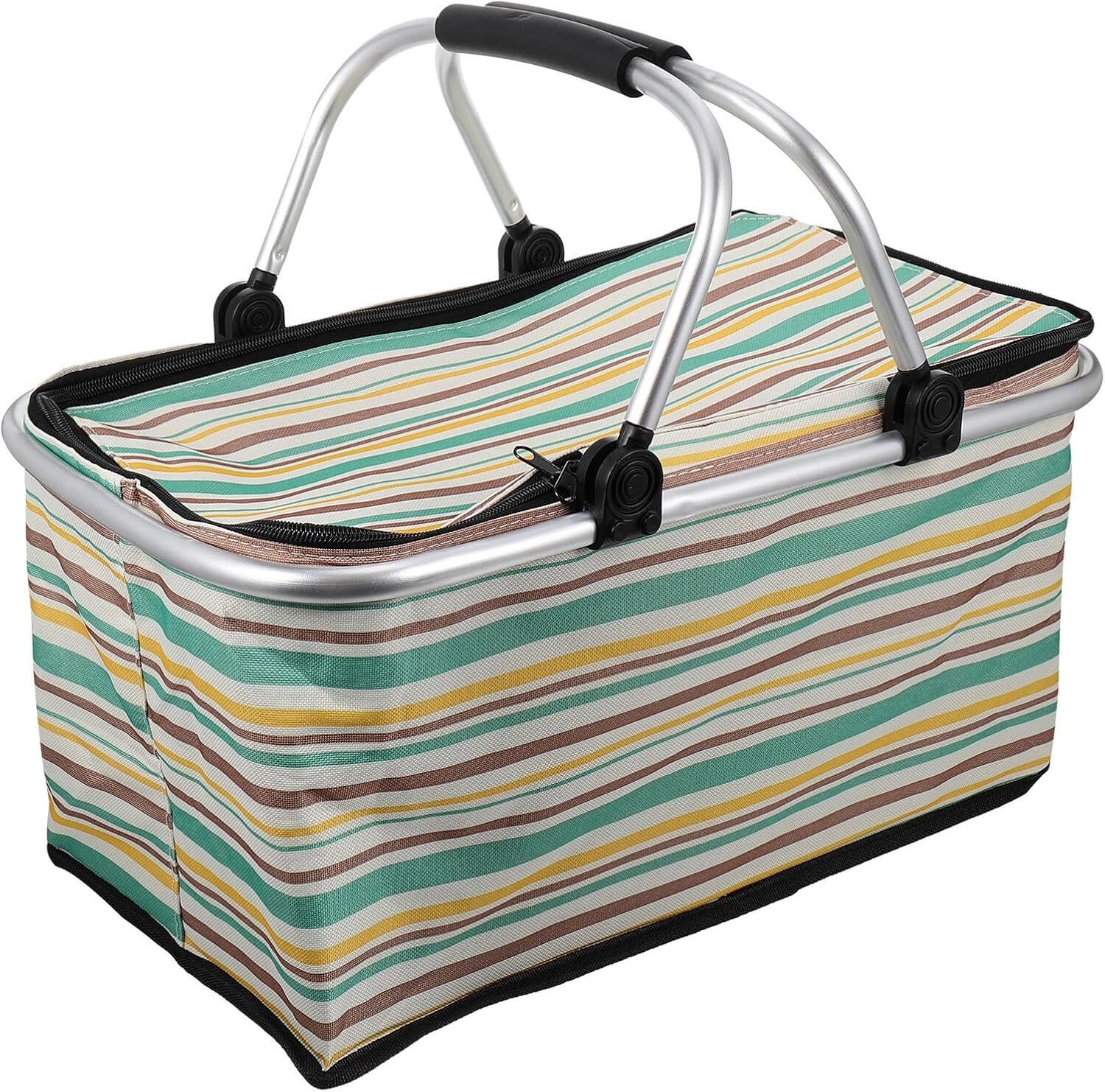 Insulated Picnic Basket with Handles Outdoor Grocery Shopping Basket Yellow Stripe Thermal Cooler Tote for Market and Food Transport