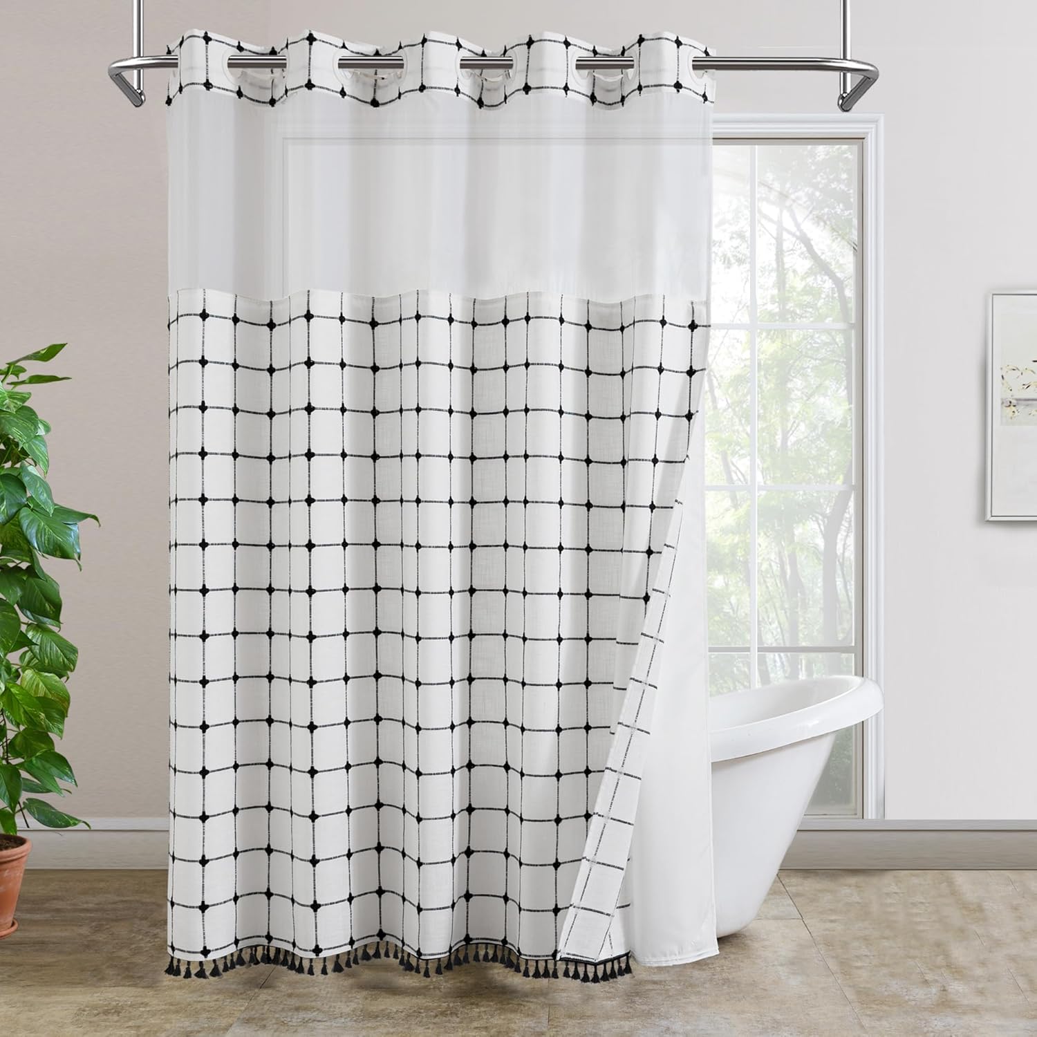 ROSERY No Hook Shower Curtain with Snap in Fabric Liner Set, Boho Farmhouse Black and White Woven Jacquard Grid Shower Curtain for Bathroom with Tassel, Checkered Pattern, 71" W x 74" L
