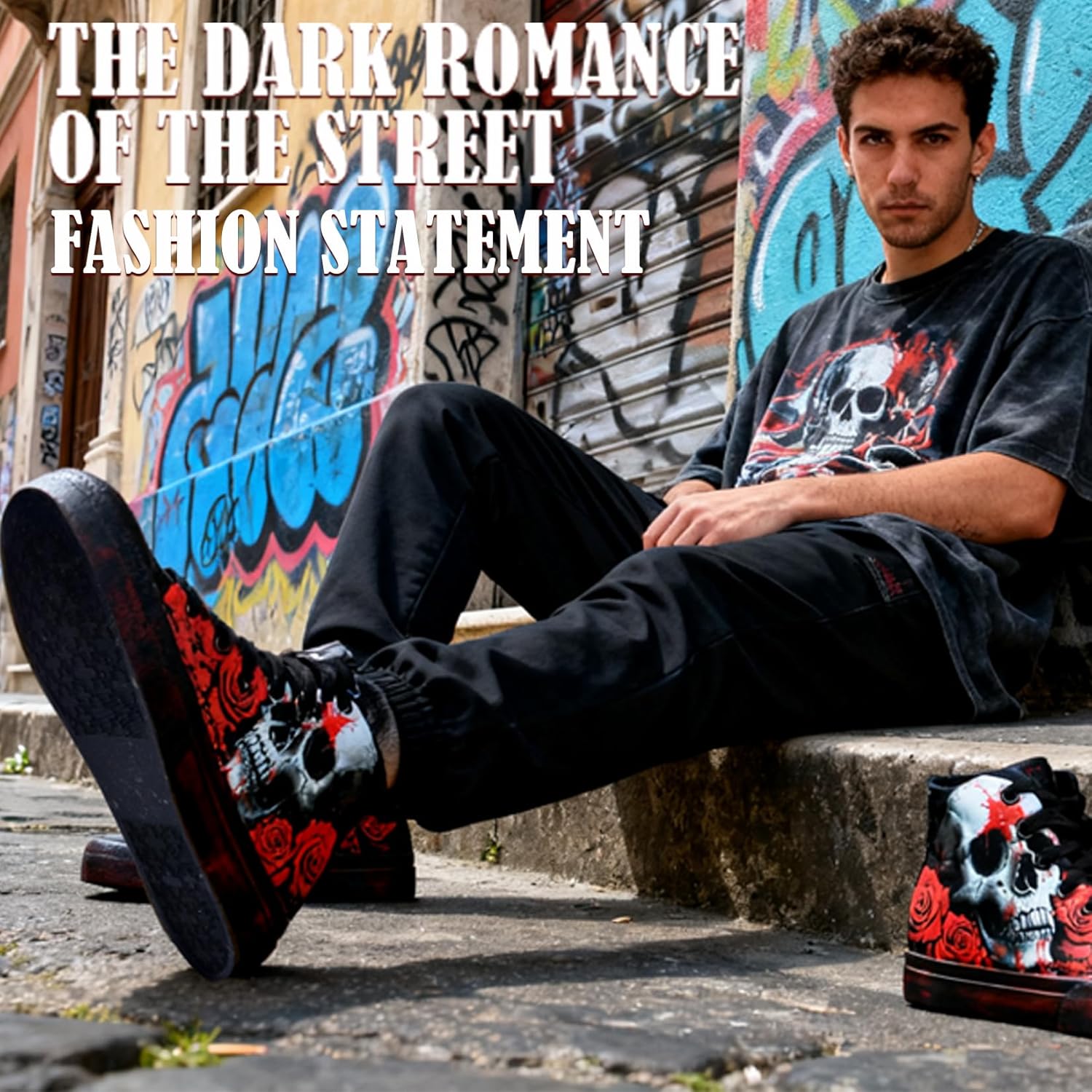 Gothic Skull Shoes for Women Fashion Sneakers Men's Hand-Painted Graffiti Shoes Punk Cosplay Hip Hop Teen Boys Girls Student Casual Walking Streetwear - Image 3