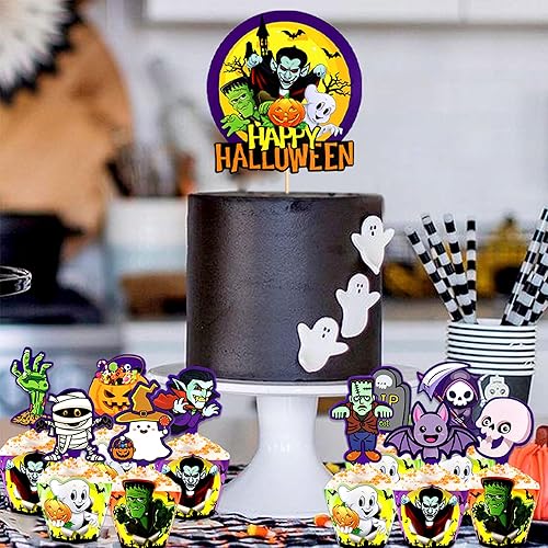 Miniatura 2 de 72 piezas de decoración de cupcakes de Halloween, 40 envoltorios de cupcakes y 40 bandejas para magdalenas para Halloween, cumpleaños, decoración de