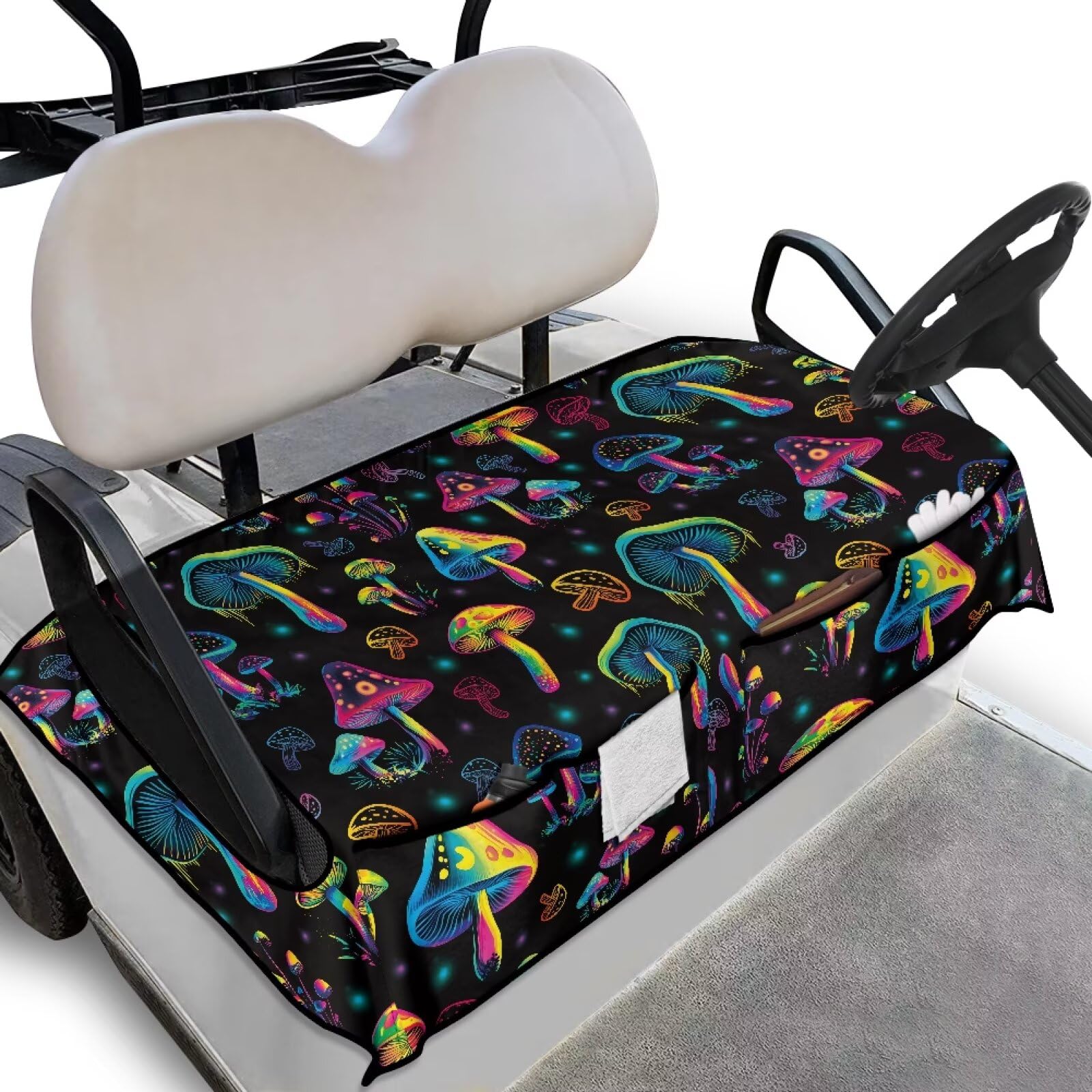 Biyejit Mushroom Golf Buggy Seat Cover with Storage Bags Heavy Duty Golf Cart Seat Protector Golf Cart Accessories for Club Car Travel Sports Shown Stay Cool