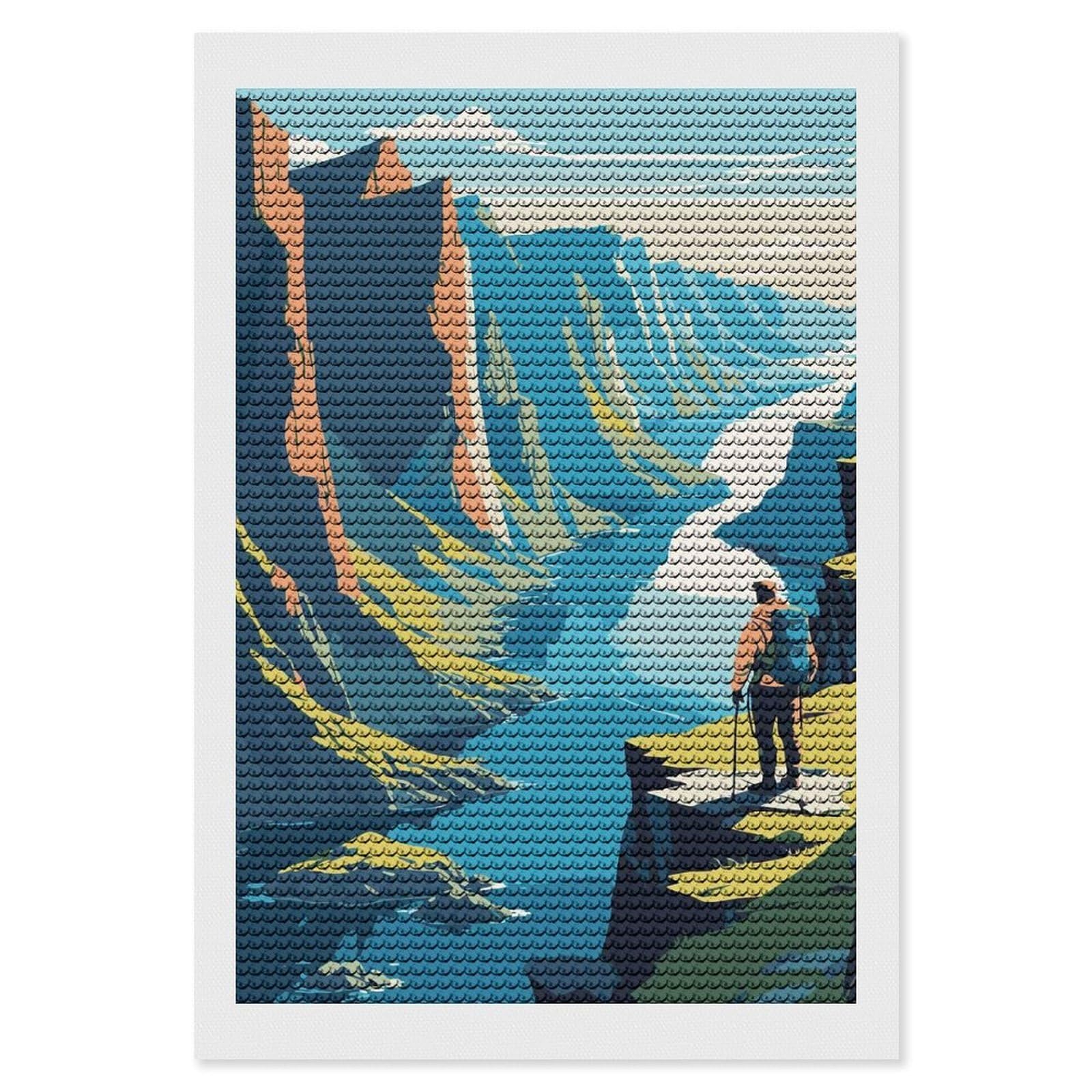 Junmoney Hiker Overlooking Canyon River Landscape Round Drill Diamond Painting 8"x12", Satisfying Creative Project, Complete Accessories, Printed Canvas