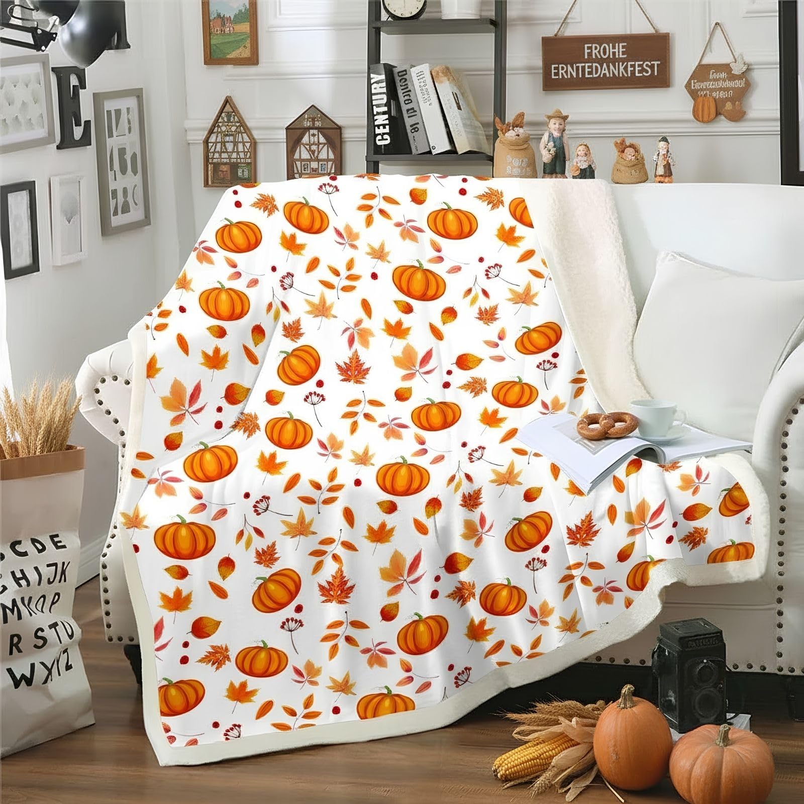 Couverture de citrouille d'Halloween,Joyeuse automne,100x130 cm,Douces fleurs d'automne,Feuilles d'érable,Couverture en polaire,Pour enfants garçons et filles,Décoration de la maison