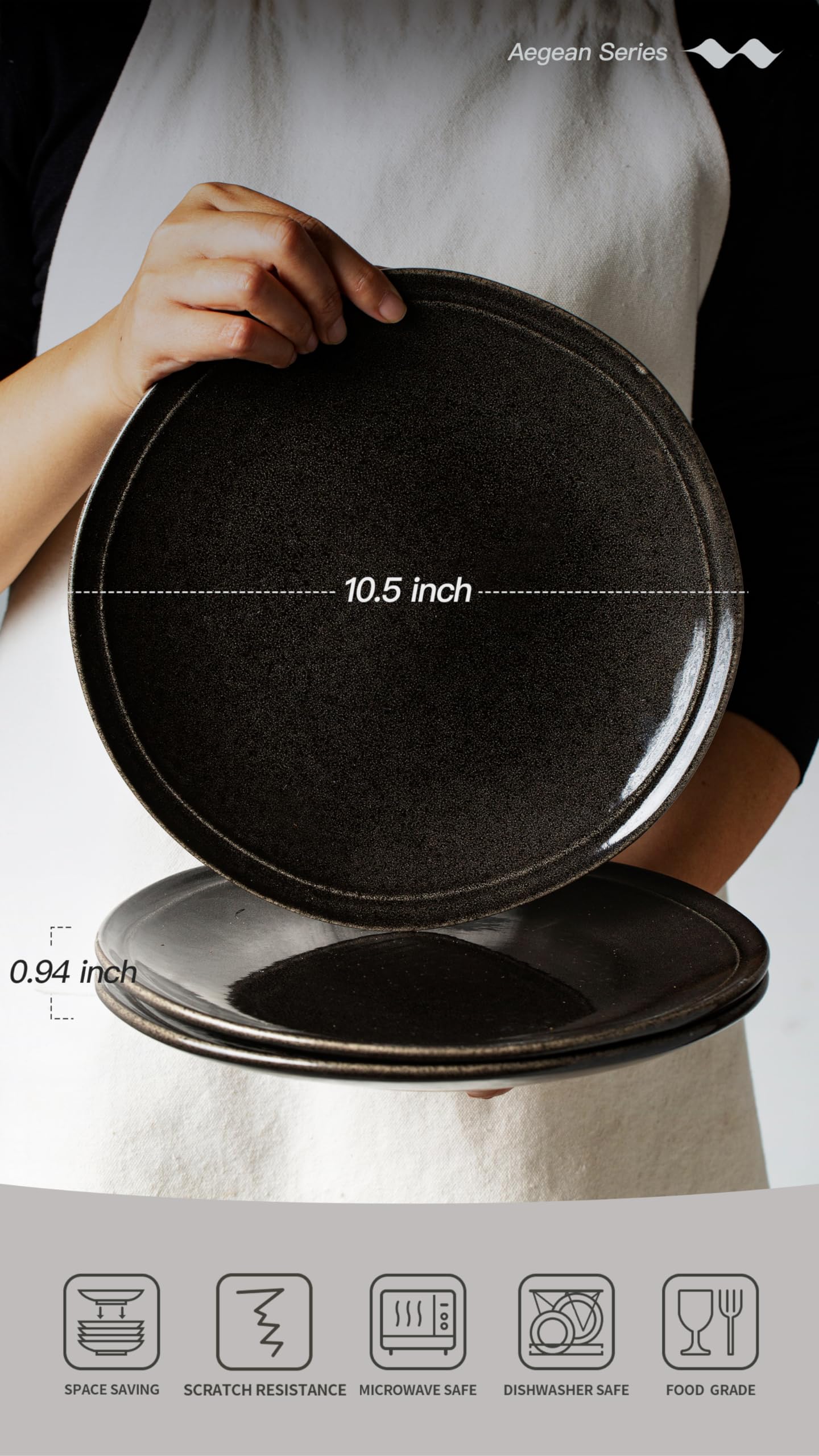 famiware Dinner Plates Set for 6, 10.5-Inch Scratch Resistant Stoneware Dinnerware Dish Set - Aegean Series - Microwave and Dishwasher Safe, Irregular Round, Black Coffee
