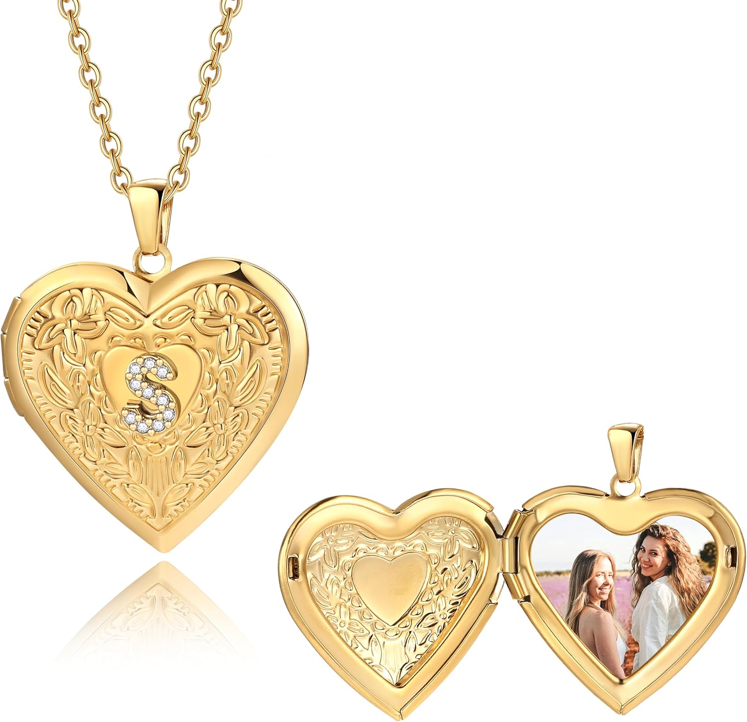 Badu Gold Initial A-Z Necklace for Women Heart Photo Lockets that Hold Picture Love Image Cubic Zirconia Necklace