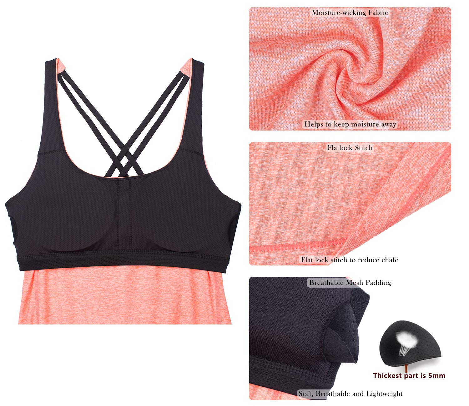 icyzone Damen Sport Yoga Top mit BH - 2 in 1 Fitness Shirt Cross Back Gym Sport Tank Top