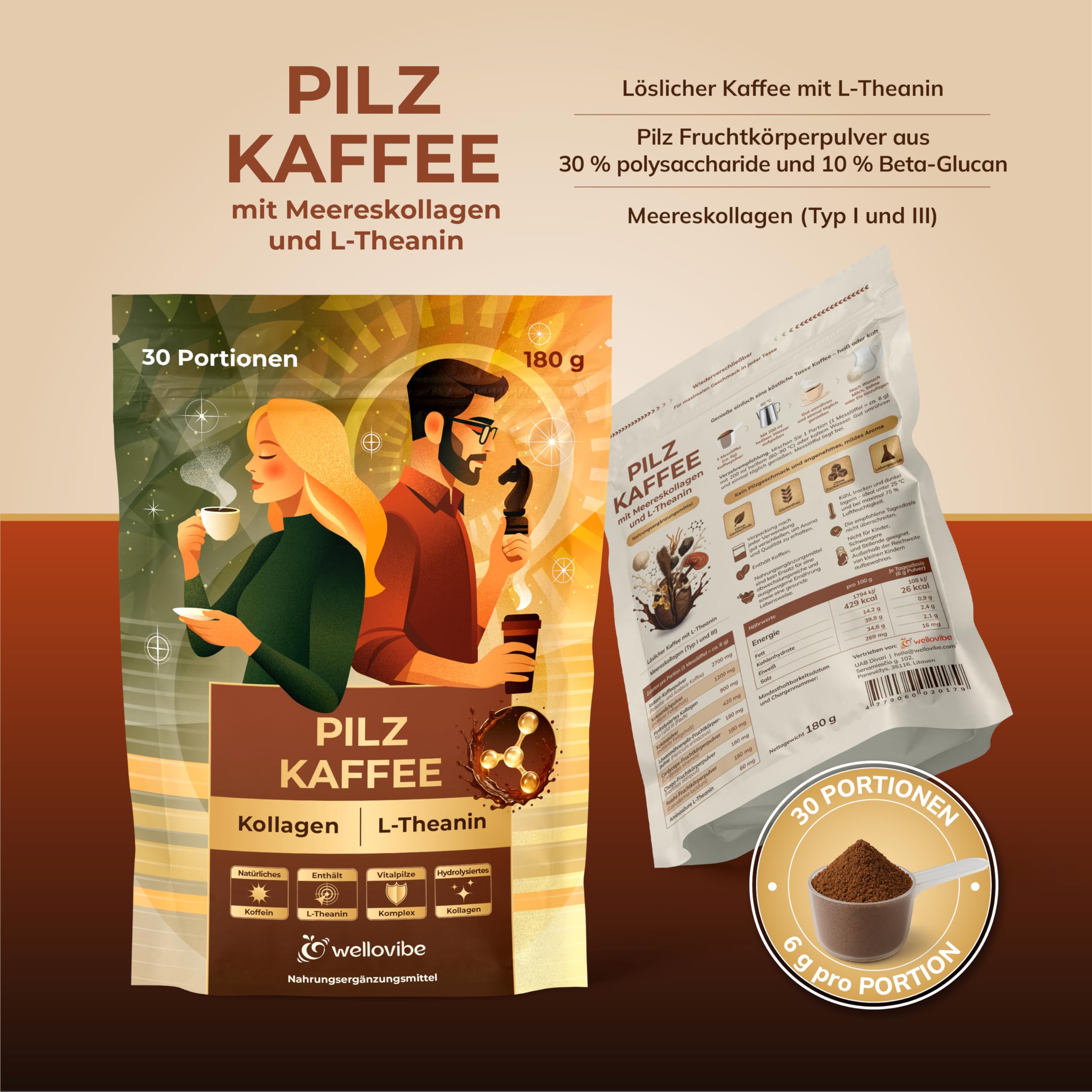 Mushroom Coffee mit Kollagen & L-Theanin - Adaptogener Pilzkaffee mit Löwenmähne, Cordyceps, Chaga & Reishi Pilzpulver für Fokus, Energie & Konzentration, 180 g