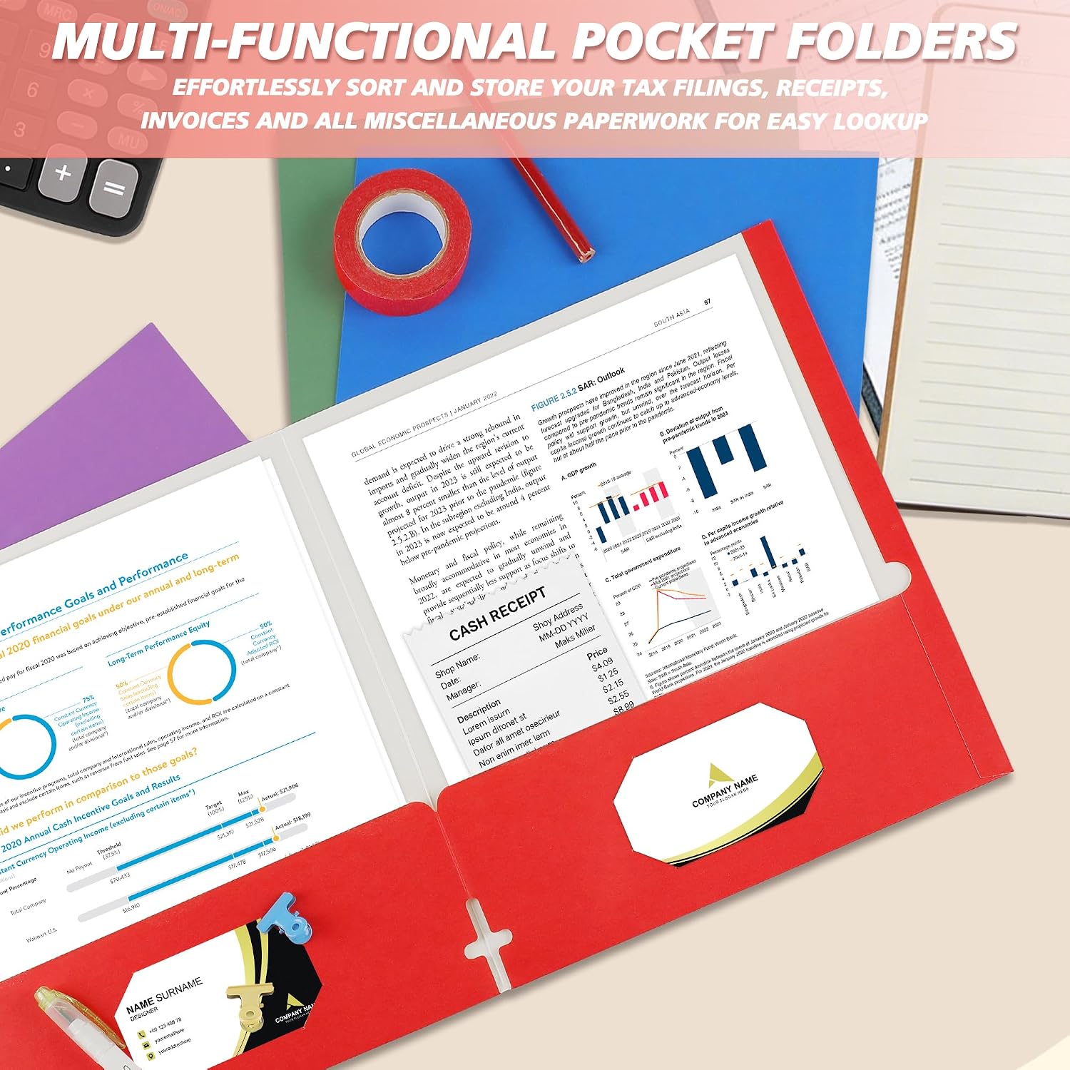 pmybupo 6 Pack Two Pocket Folders,Paper Folders with Pockets Fit 8.5 x 11 Letter Size Paper,6 Rainbow Colors File Folders Business Card Slot,Back to School Supplies. image 4